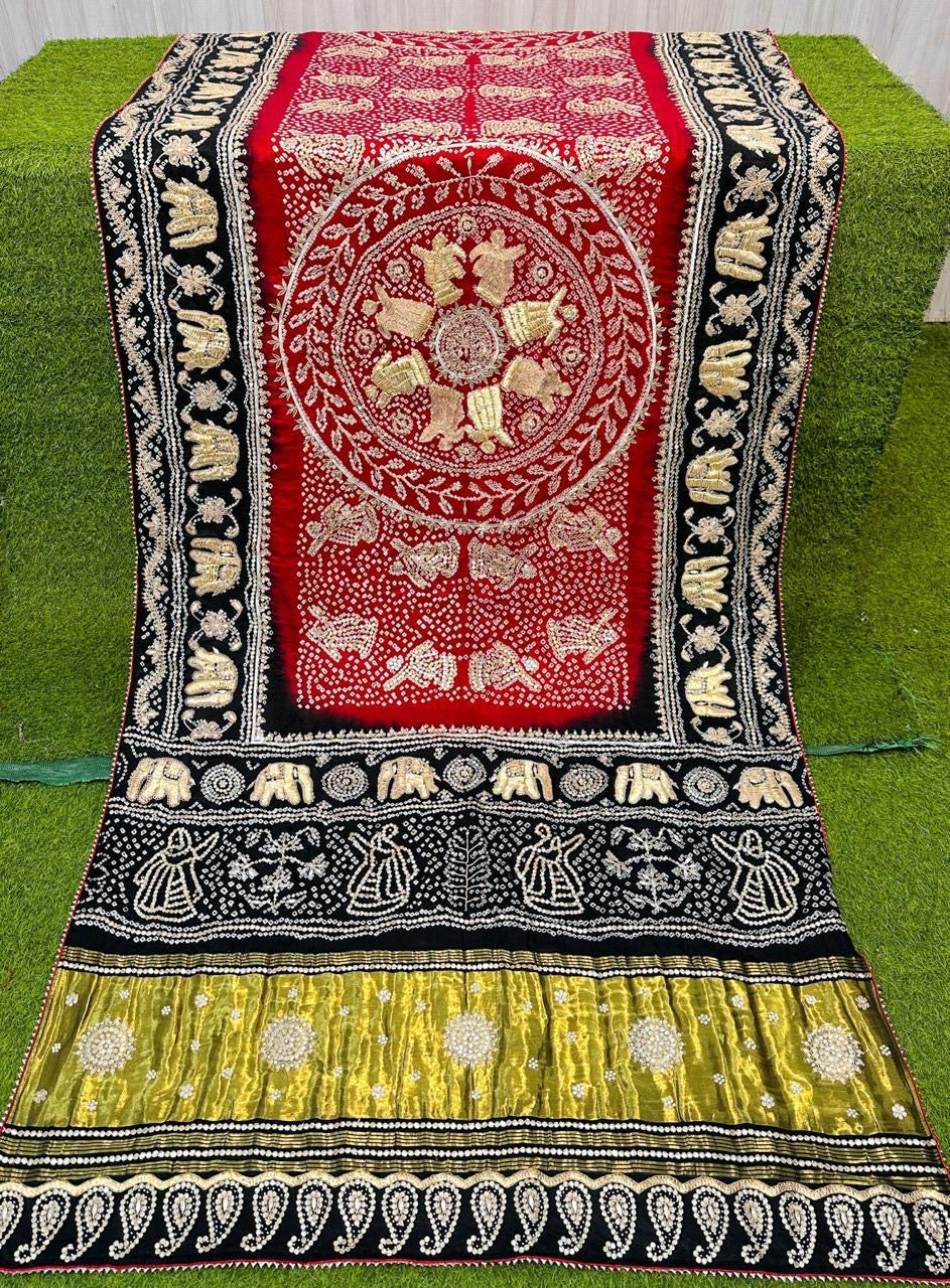 Silk bandhani saree wedding saree handmade sari blouse SaffronFashion