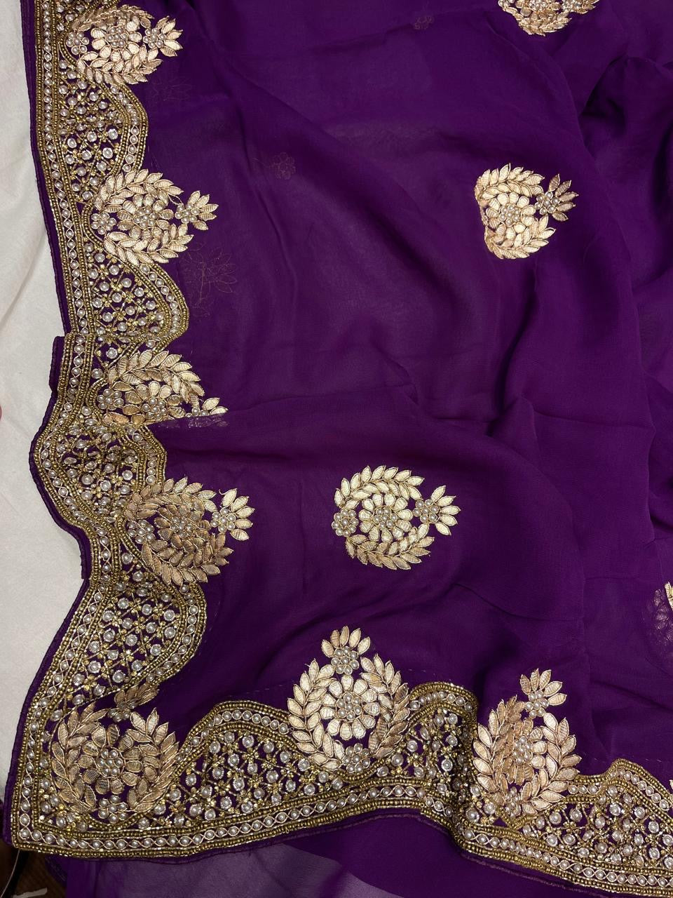Purple Gorgette Gottapatti Saree Zardosi Saree Indian Sari - Saffronfashionindia