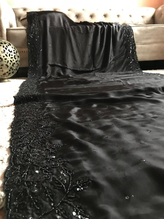 Celebrity inspired black satin organza saree Partywear sarees - Saffronfashionindia