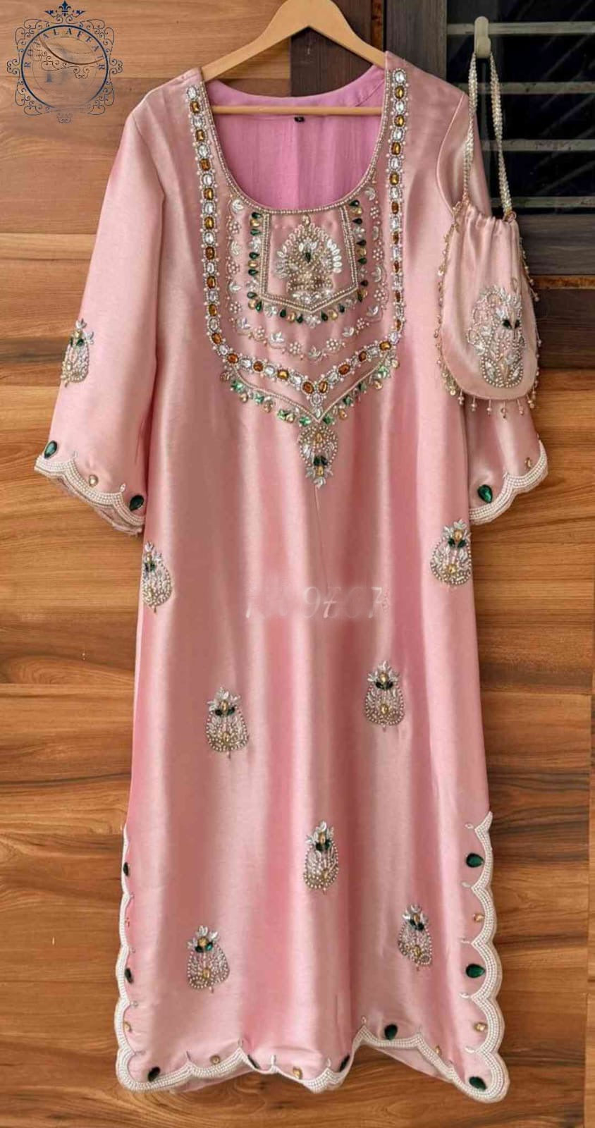 Hand embroidered designer dress partywear shirt dress with potli SaffronFashion