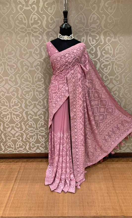 Ivshika Chikankari Saree Georgette saree Indian Pakistani sari blouse SaffronFashion