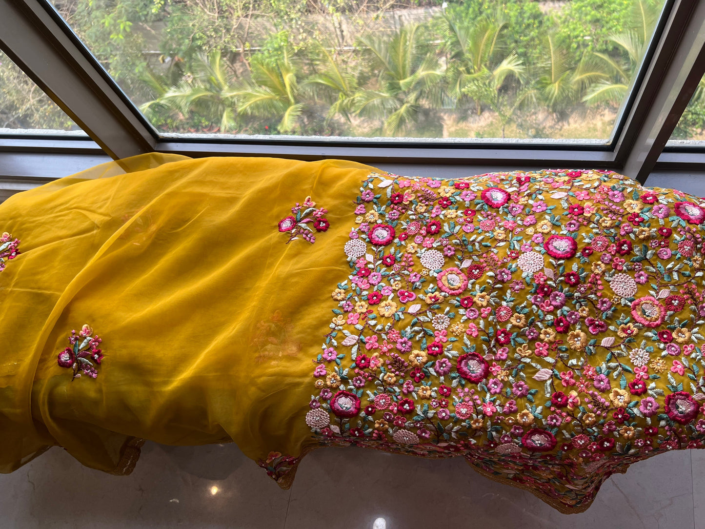 Yellow organza saree French knot saree party wear sari SaffronFashion