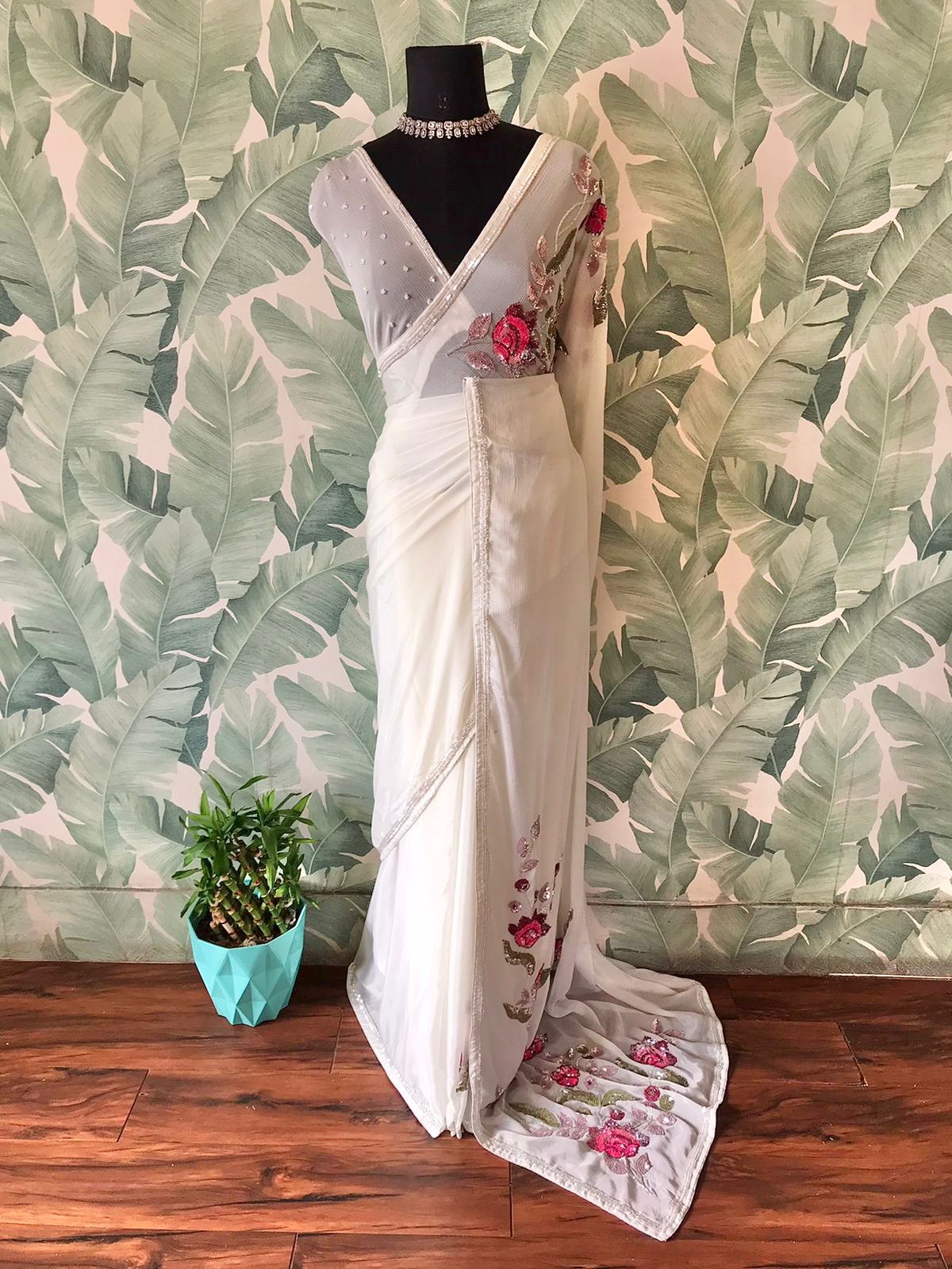 Elegant premium saree floral sari blouse partywear sarees Saffronfashionindia