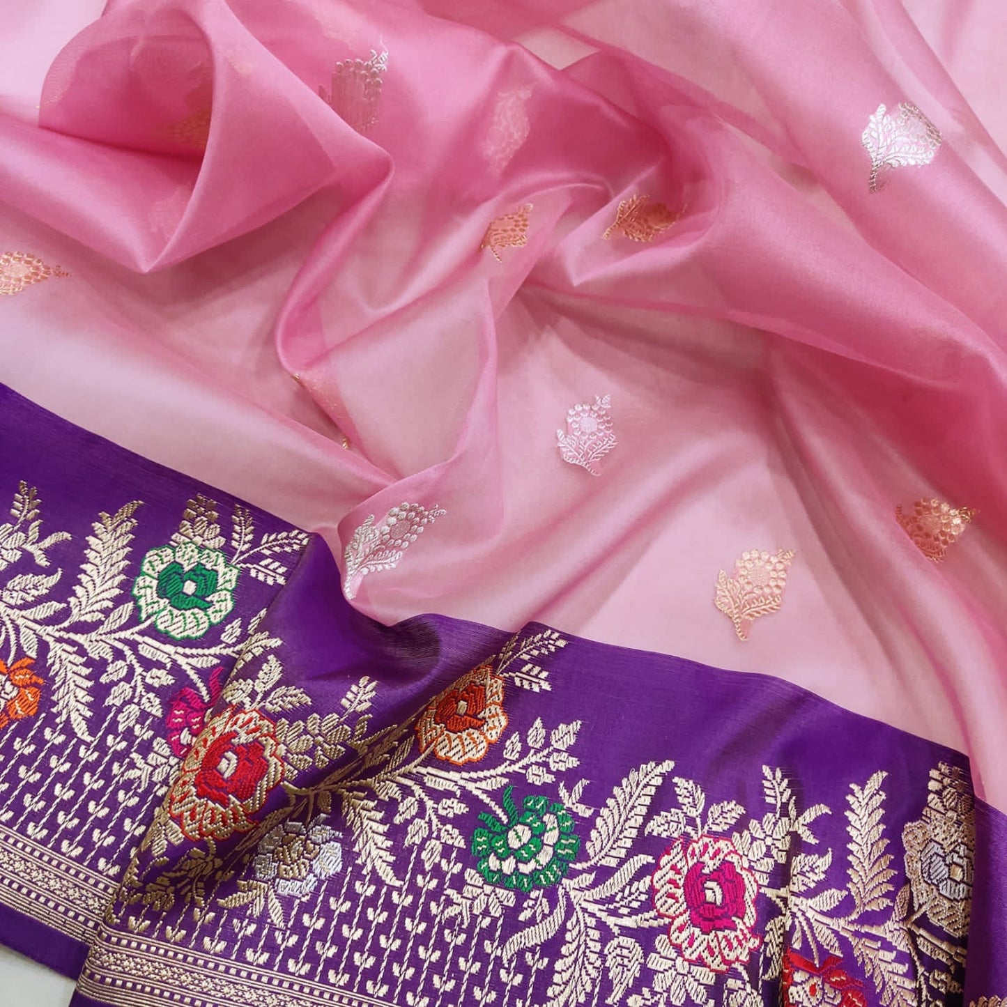 Pink Kora Handwoven Kadwa Zari saree Indian Sarees - Saffronfashionindia
