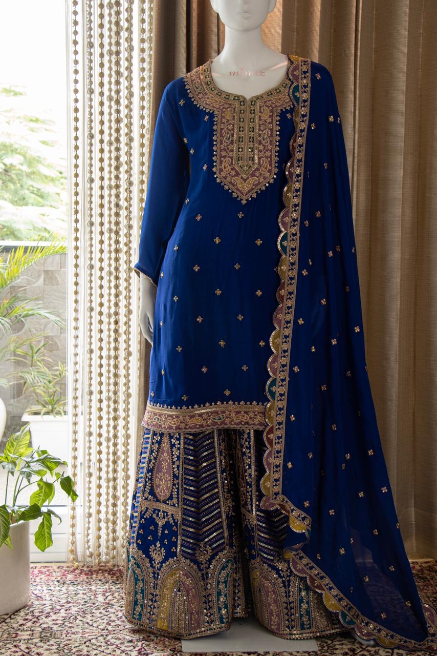 Royal Blue Pakistani sharara dress traditional wedding dress - Saffronfashionindia