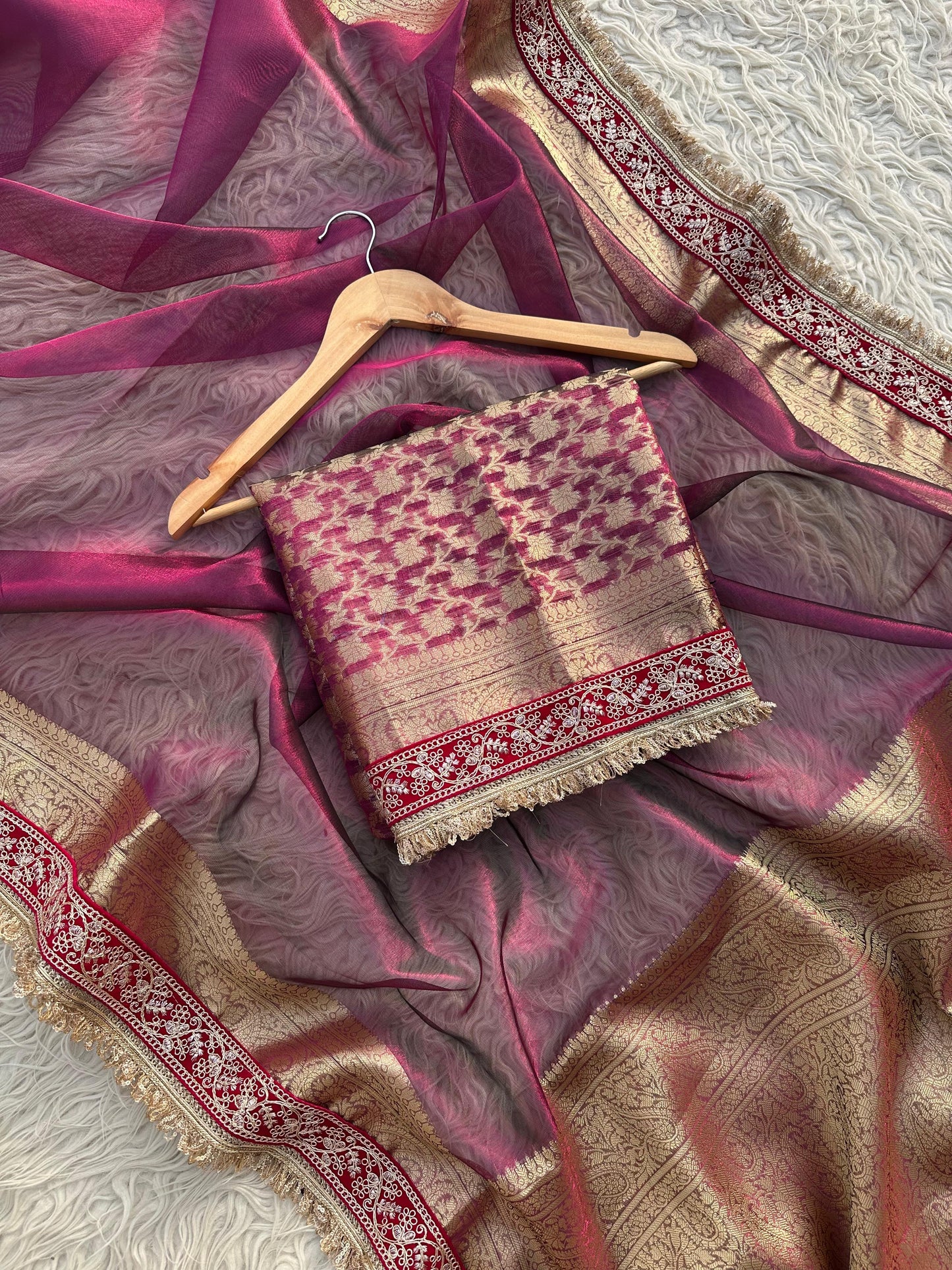 Tissue Jaquard saree party wear women sari blouse SaffronFashion