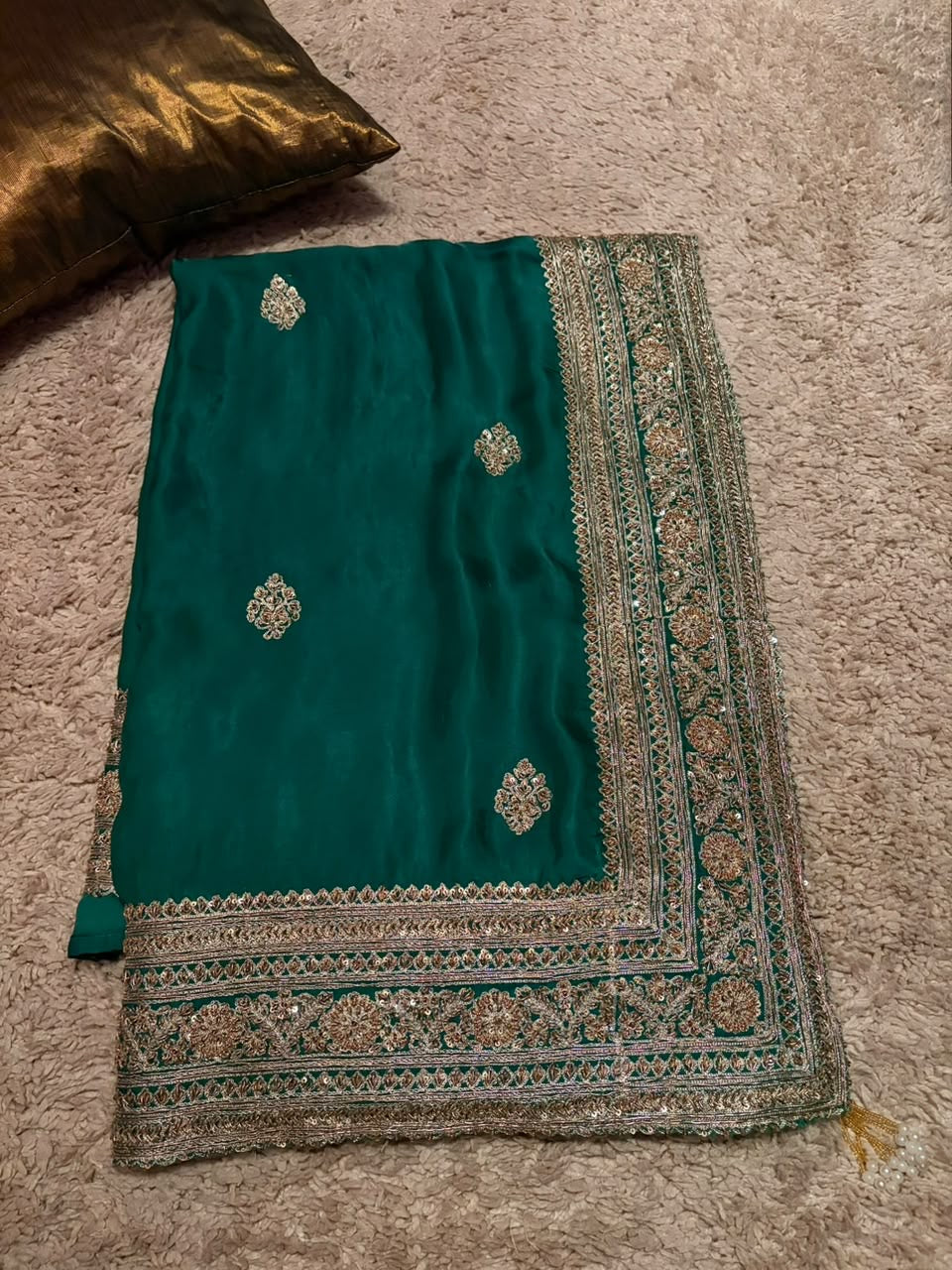 Green premium crepe satin silk saree designer inspired sarees blouse Saffronfashionindia