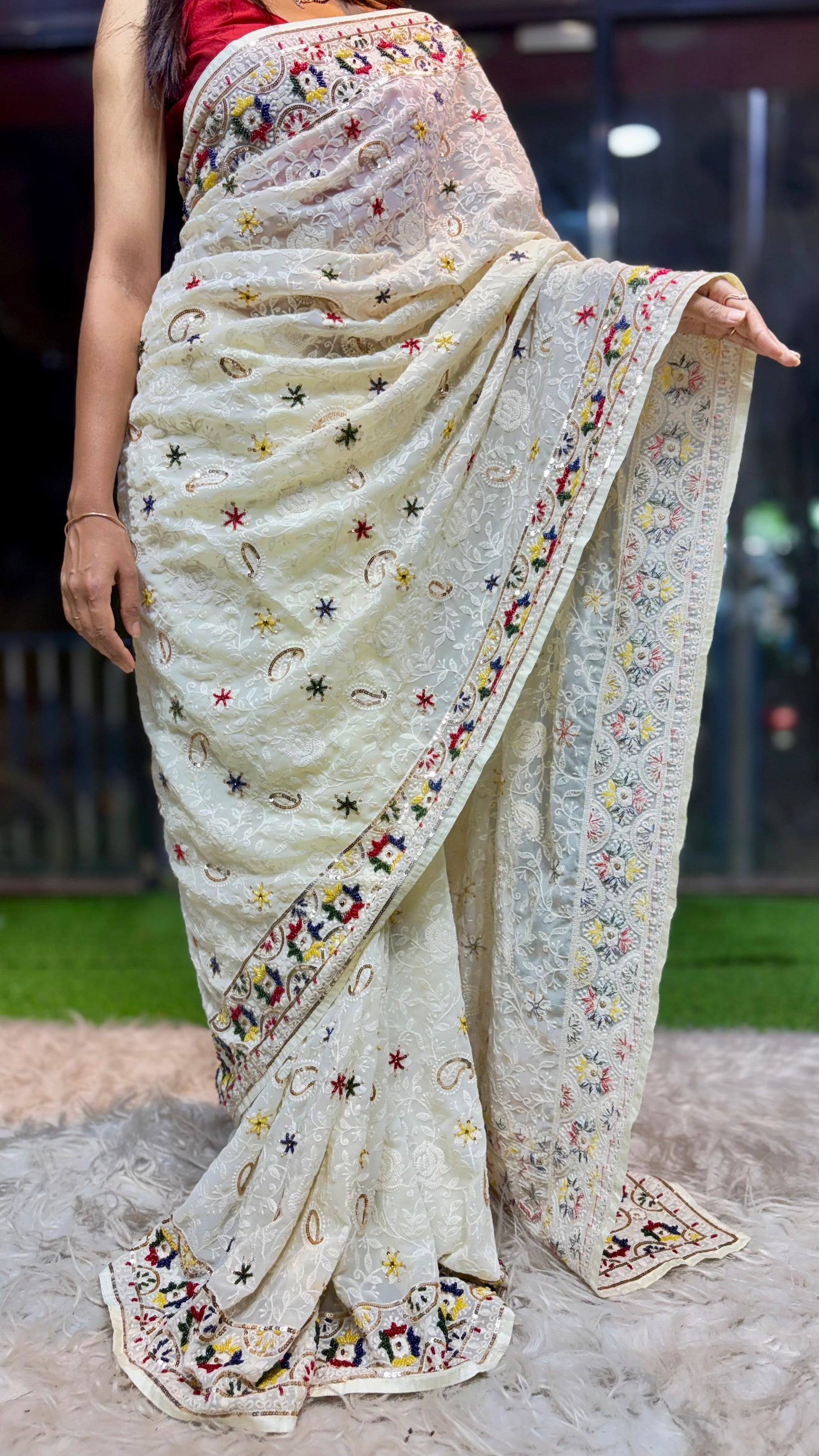 White Chikankari saree gorgette saree Indian saree blouse SaffronFashion