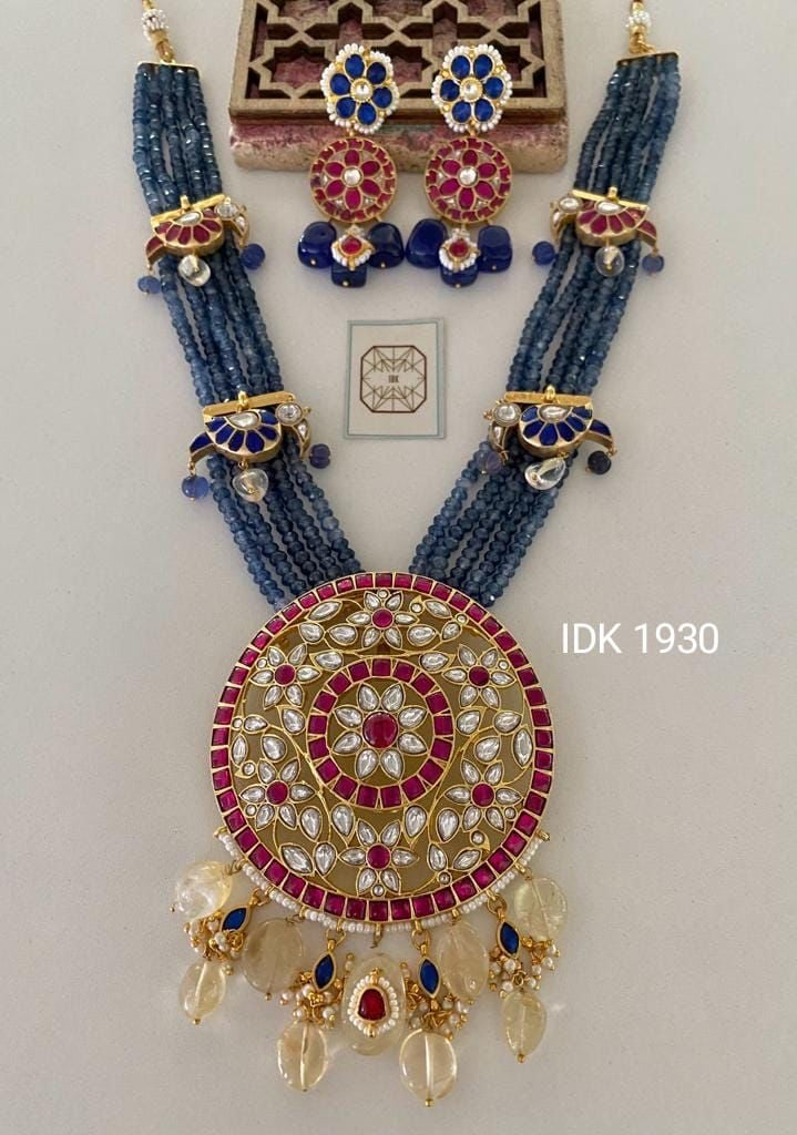 Emerald pacchi kundan long Necklace Set - Saffronfashionindia