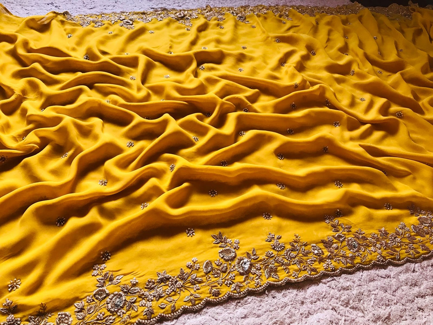 Luxurious Yellow Premium Gorgette Vintage Sarees - Saffronfashionindia