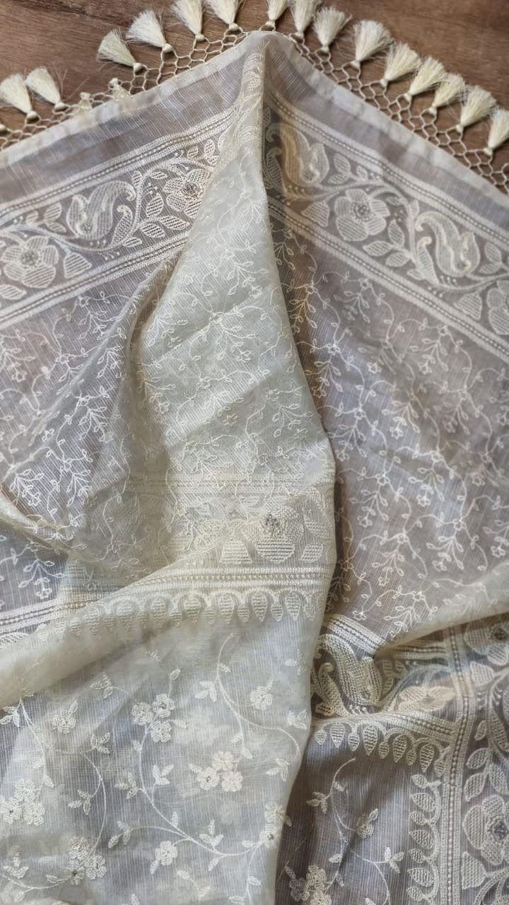 White tussar Kora saree zari silk sarees blouse - Saffronfashionindia