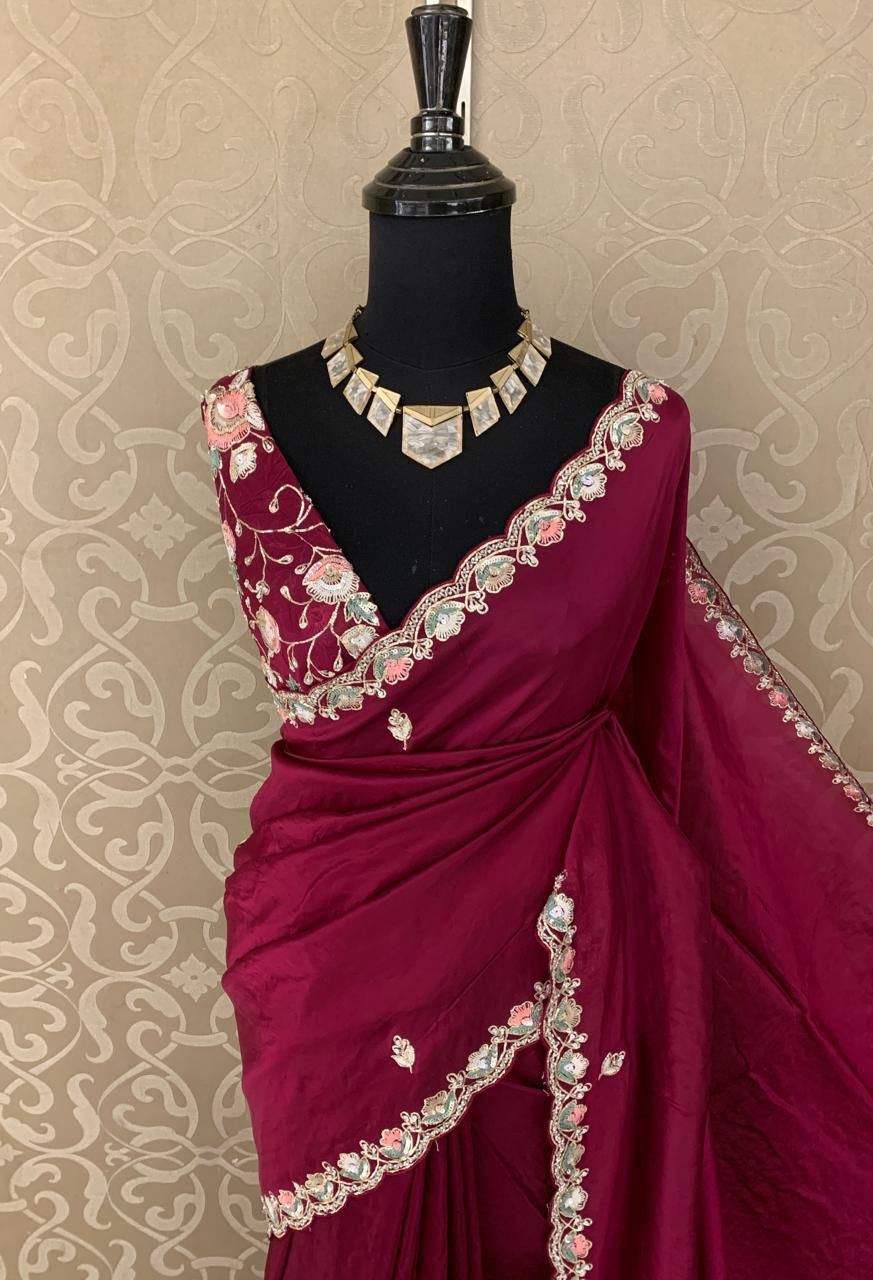 Lavina organza saree red sequins saree wedding saree blouse - Saffronfashionindia