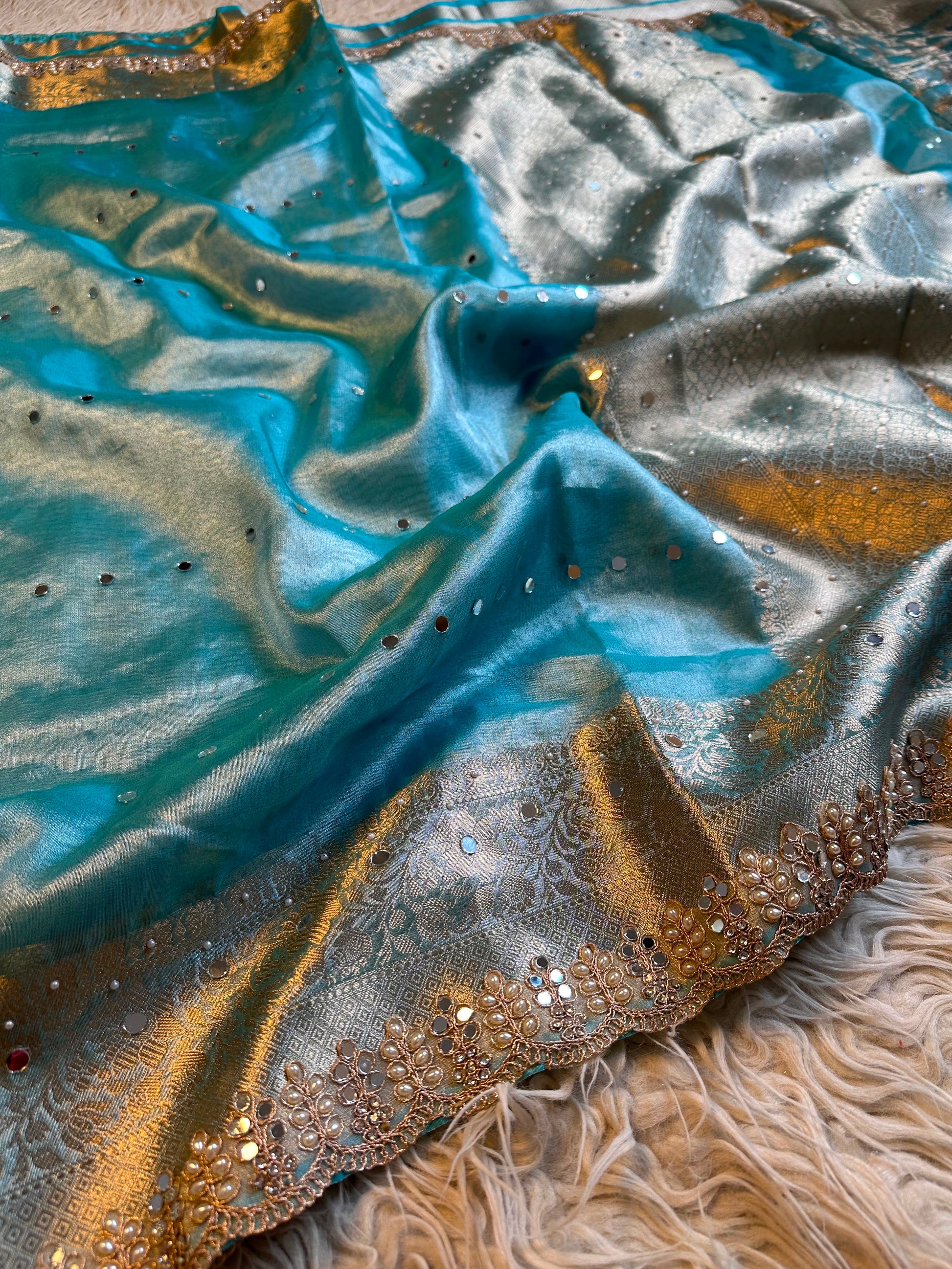 Firoza blue saree Banarsi tissue sarees Indian sari blouse SaffronFashion