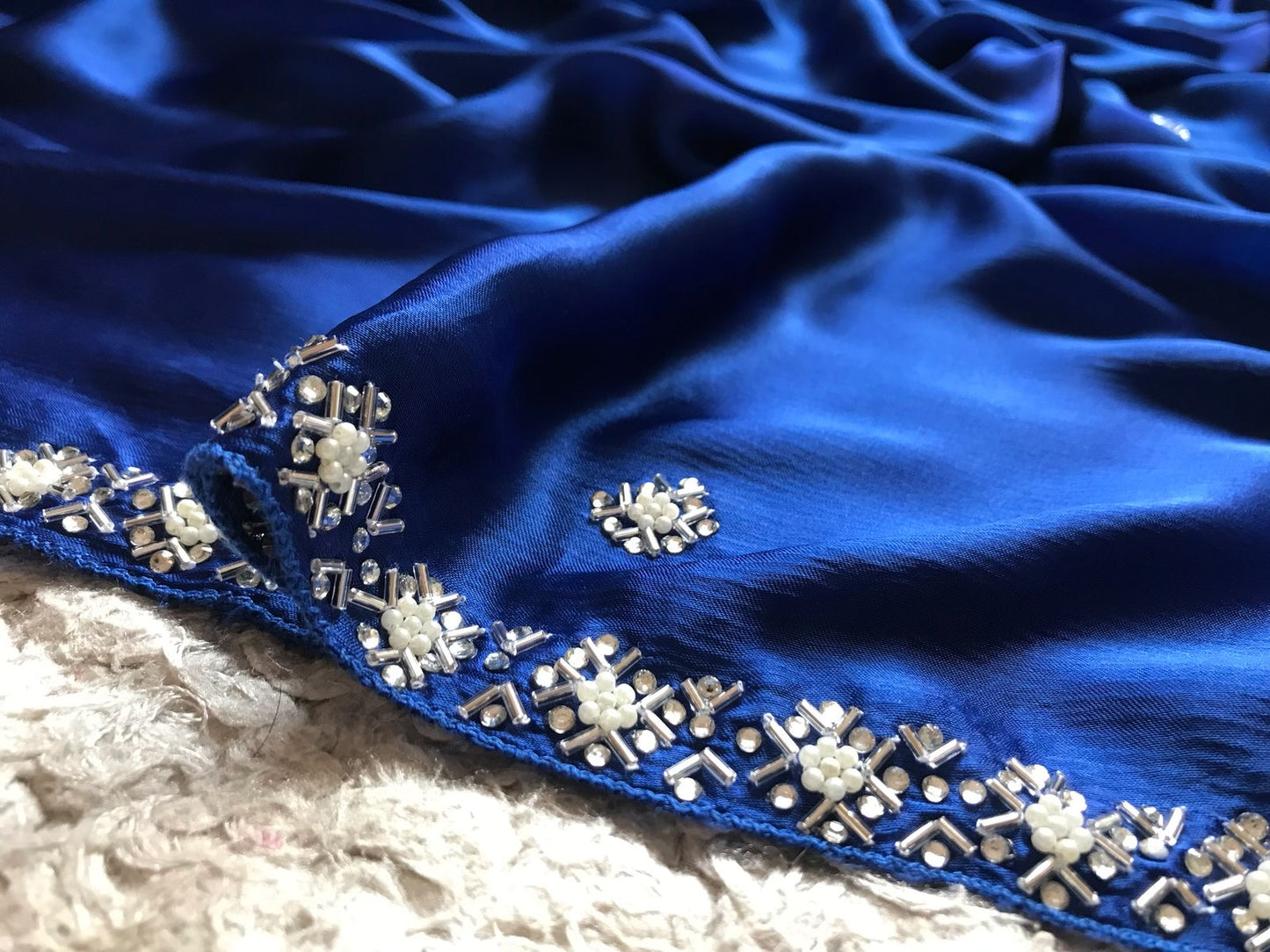 Royal blue premium saree luxury sarees Chinon satin saree blouse - Saffronfashionindia