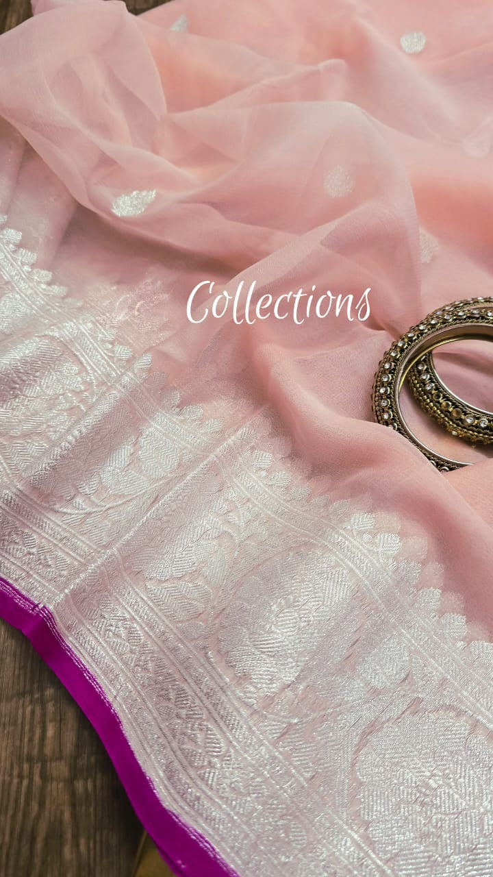 Peach Chiffon saree Banarsi handwoven sarees SaffronFashion