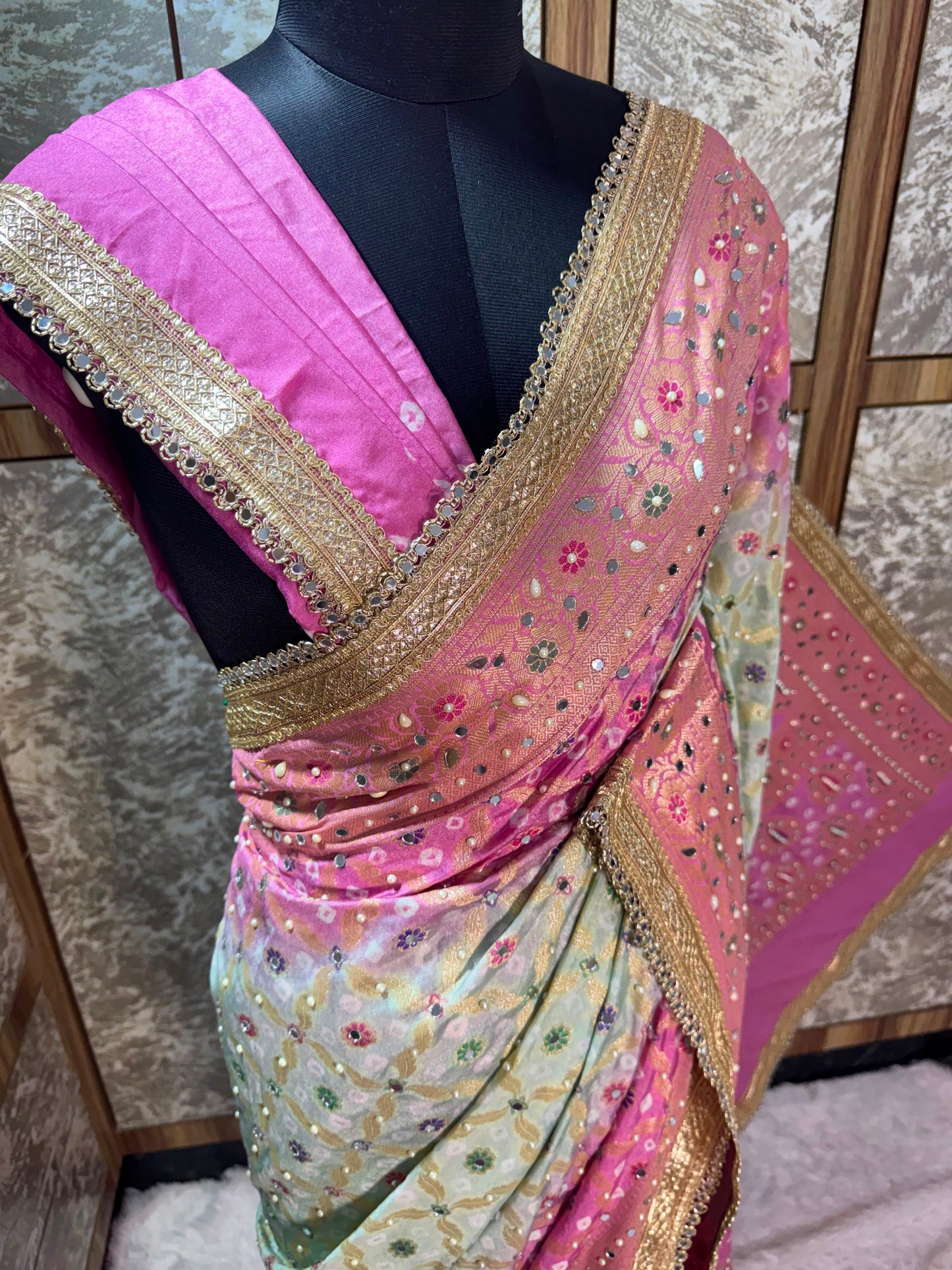 Banarsi soft Bandhej silk saree Indian saree women sari blouse SaffronFashion