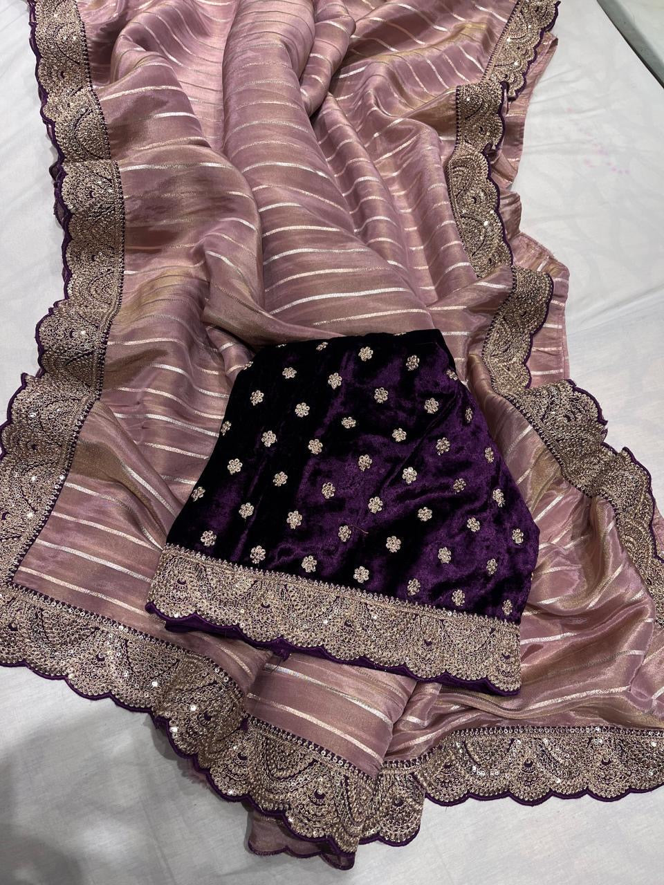 Ivishik tissue saree striped saree velvet blouse sarees SaffronFashion
