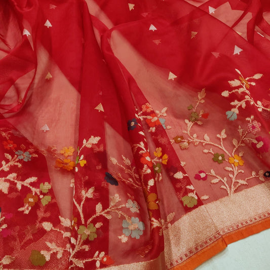 Red Jamdani saree Kora sarees Indian sari blouse SaffronFashion