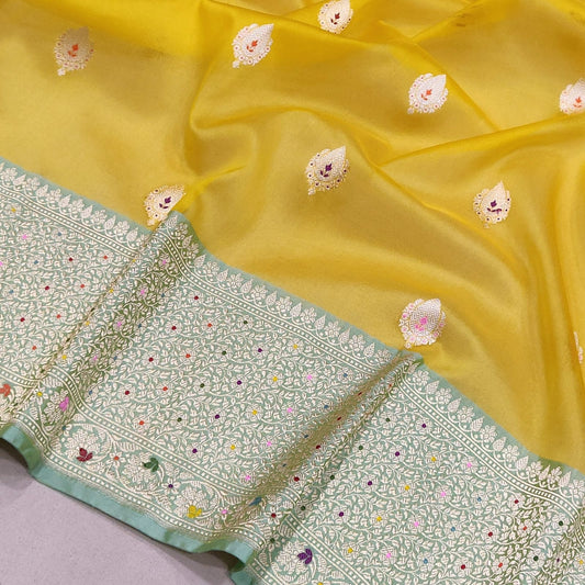 Yellow kora kadwa Zari striped saree handwoven saree blouse - Saffronfashionindia