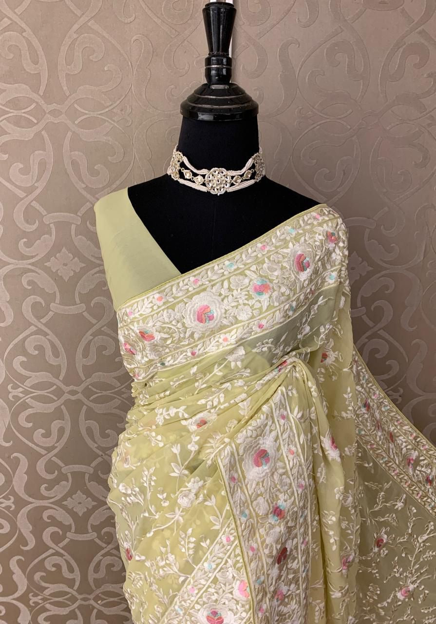 Ruhi Chikankari saree Gorgette saree Indian saree SaffronFashion