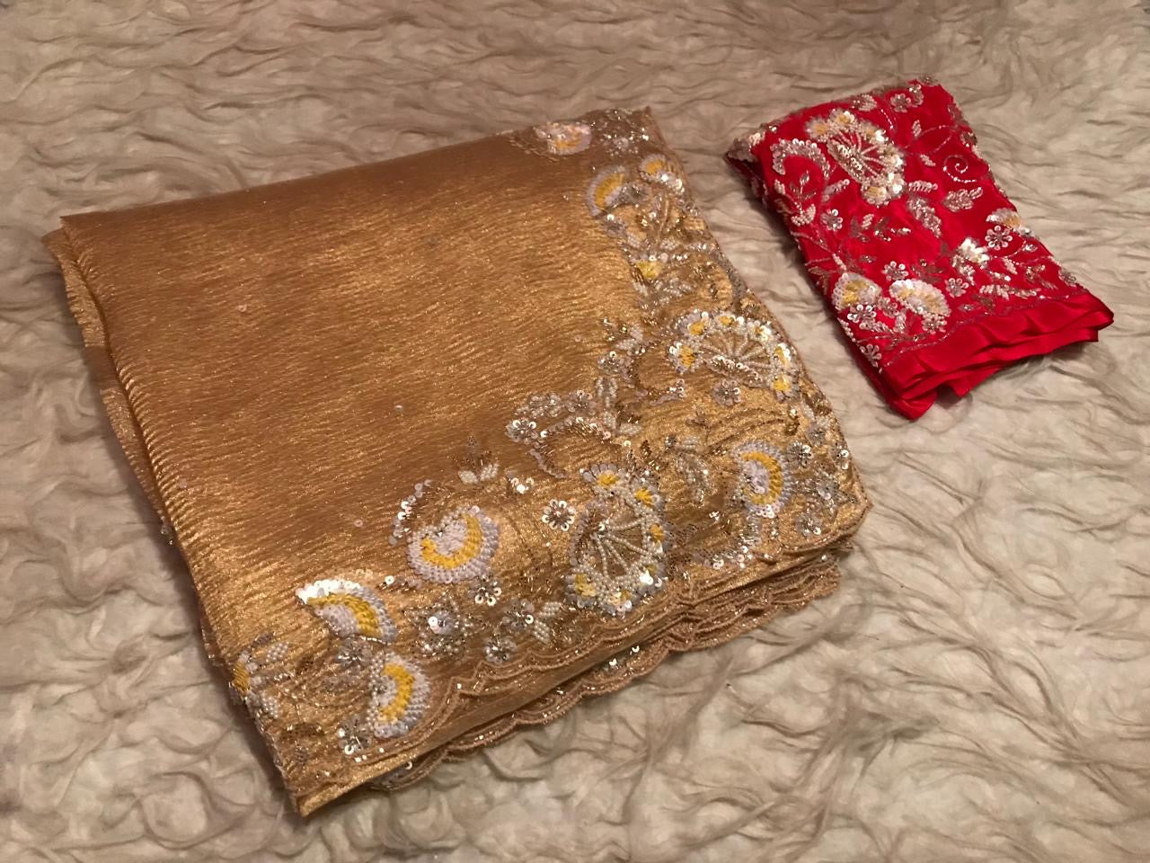 Golden tissue premium Saree Wedding sari blouse SaffronFashion