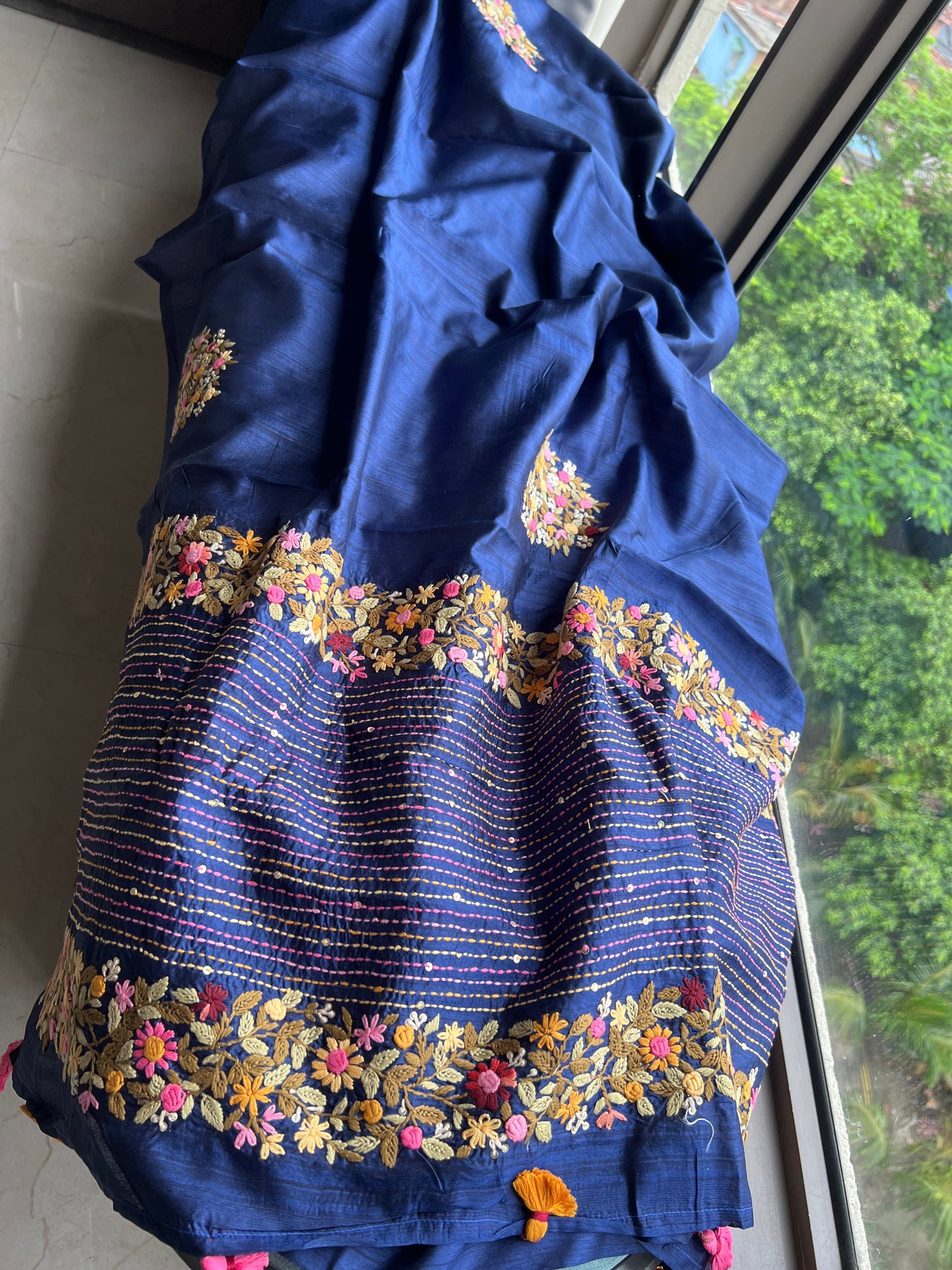 Munga French knot saree royal blue sarees - Saffronfashionindia