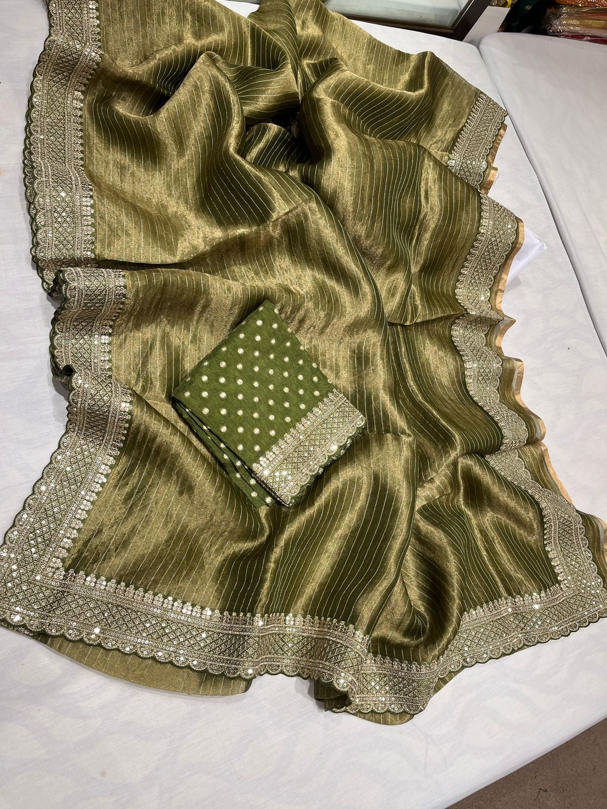 Elegant Tissue saree Indian sari blouse bordered saris SaffronFashion