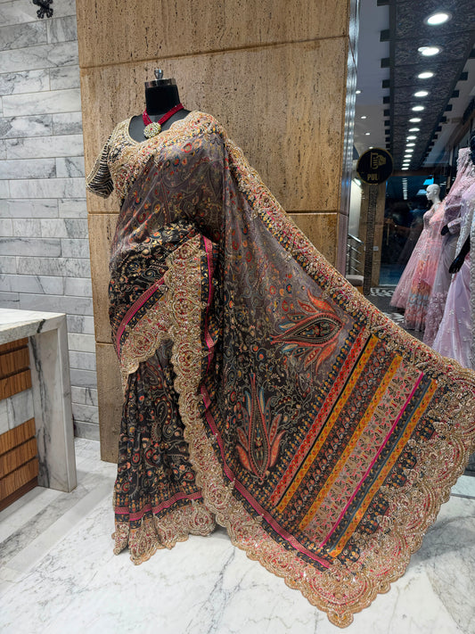 Designer pure saree embroidery sari blouse wedding sarees Saffronfashionindia