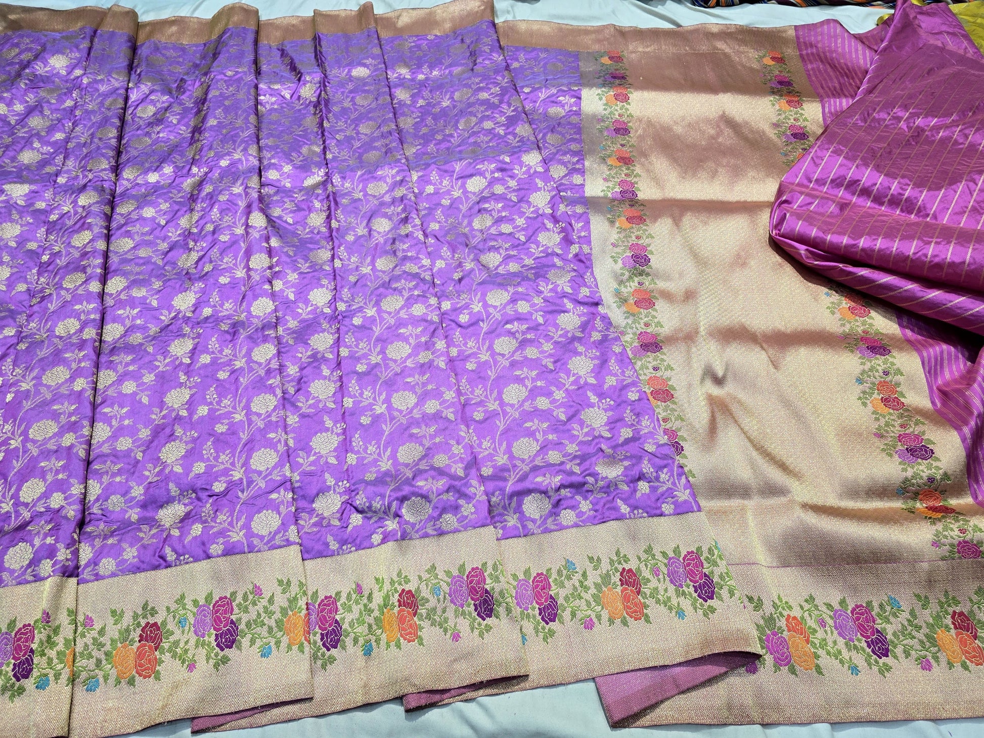 Purple Banarsi saree katan silk saree handwoven sari blouse Indian sarees Saffronfashionindia