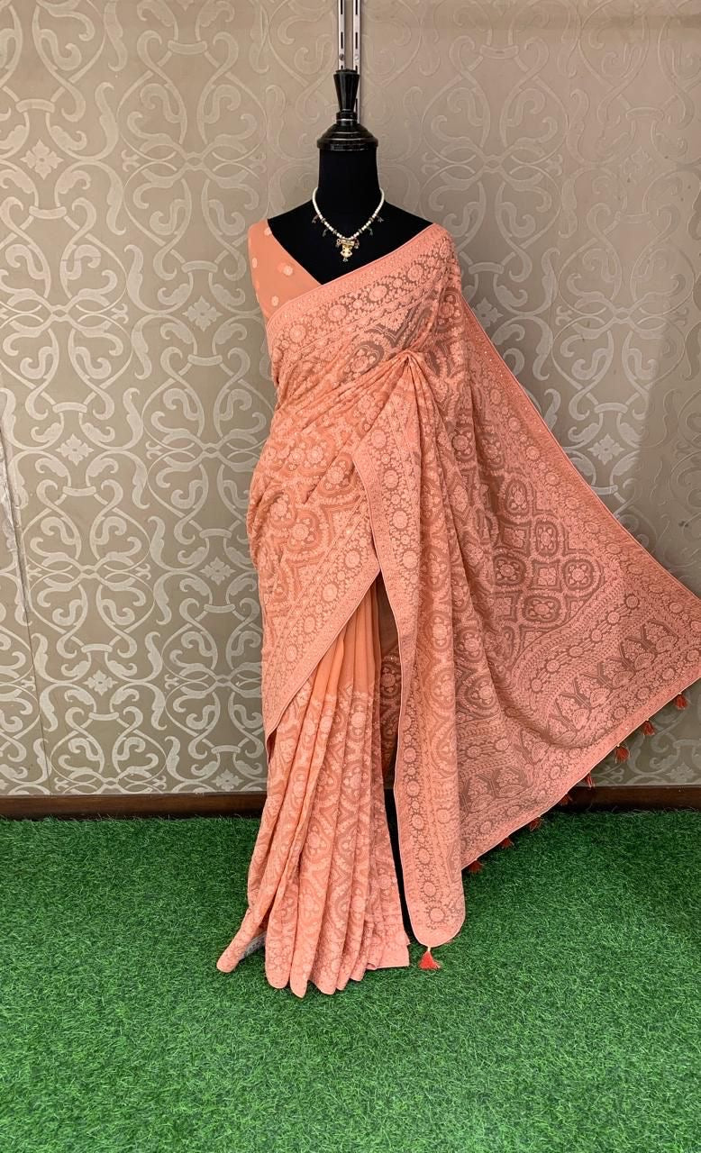 Ivshika Chikankari Saree Georgette saree Indian Pakistani sari blouse SaffronFashion