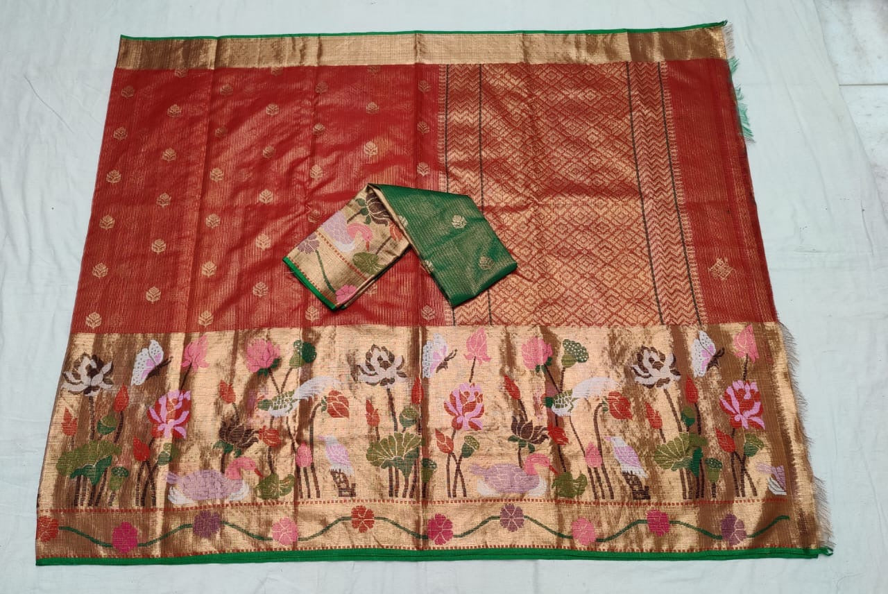 Exclusive Red Tissue Paithani Tissue Zari Kota Sarees - Saffronfashionindia