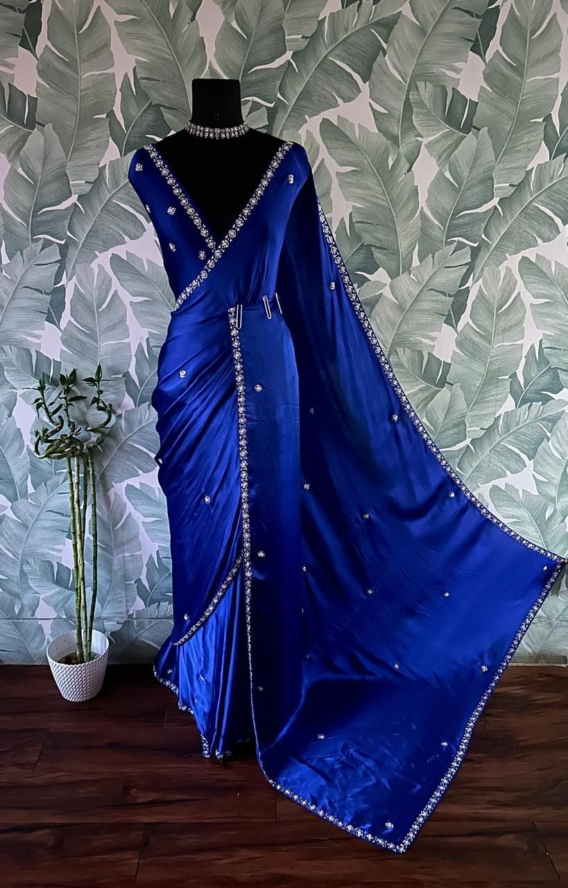 Royal blue premium saree luxury sarees Chinon satin saree blouse - Saffronfashionindia