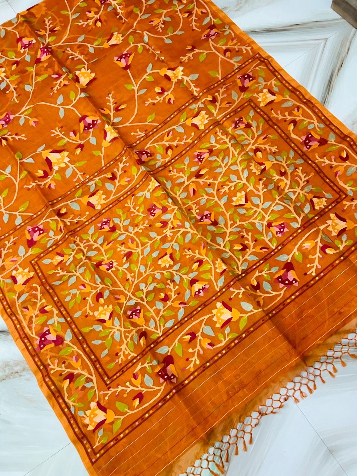 Orange Tantuj Jamdani saree handwoven saree beautiful saree blouse - Saffronfashionindia