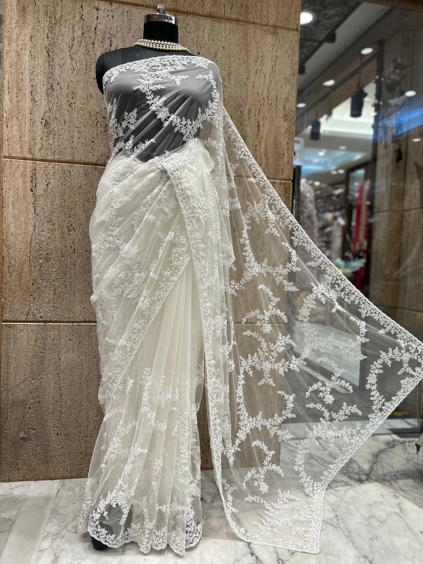 Royal white saree elegant saree luxury sari blouse SaffronFashion