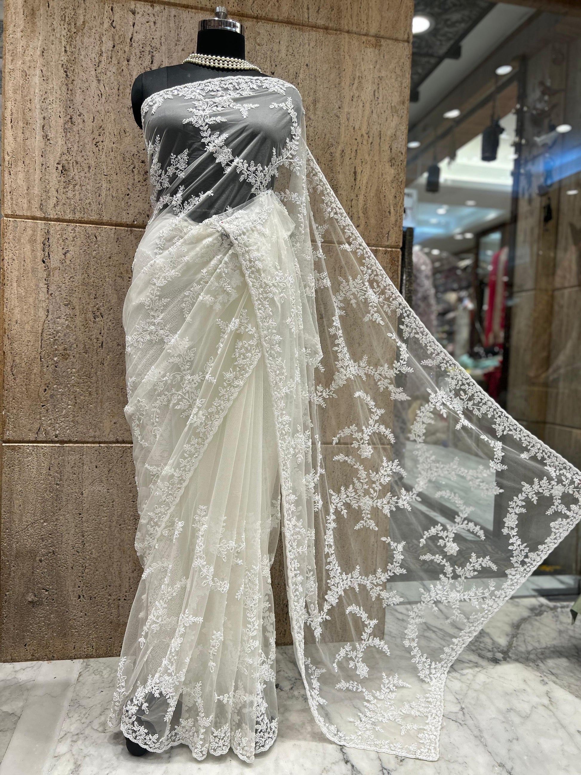 Royal white saree elegant saree luxury sari blouse SaffronFashion