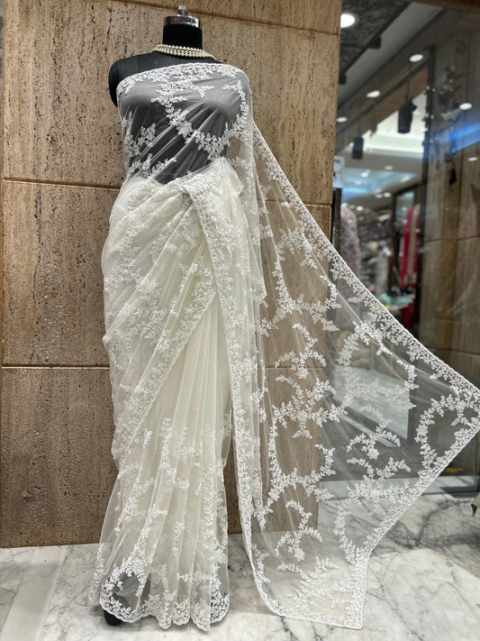 Royal white saree elegant saree luxury sari blouse SaffronFashion