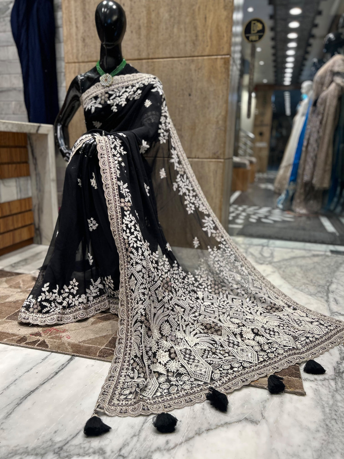 Black designer gorgette saree Lucknowi Parsi saree partywear sari blouse Saffronfashionindia