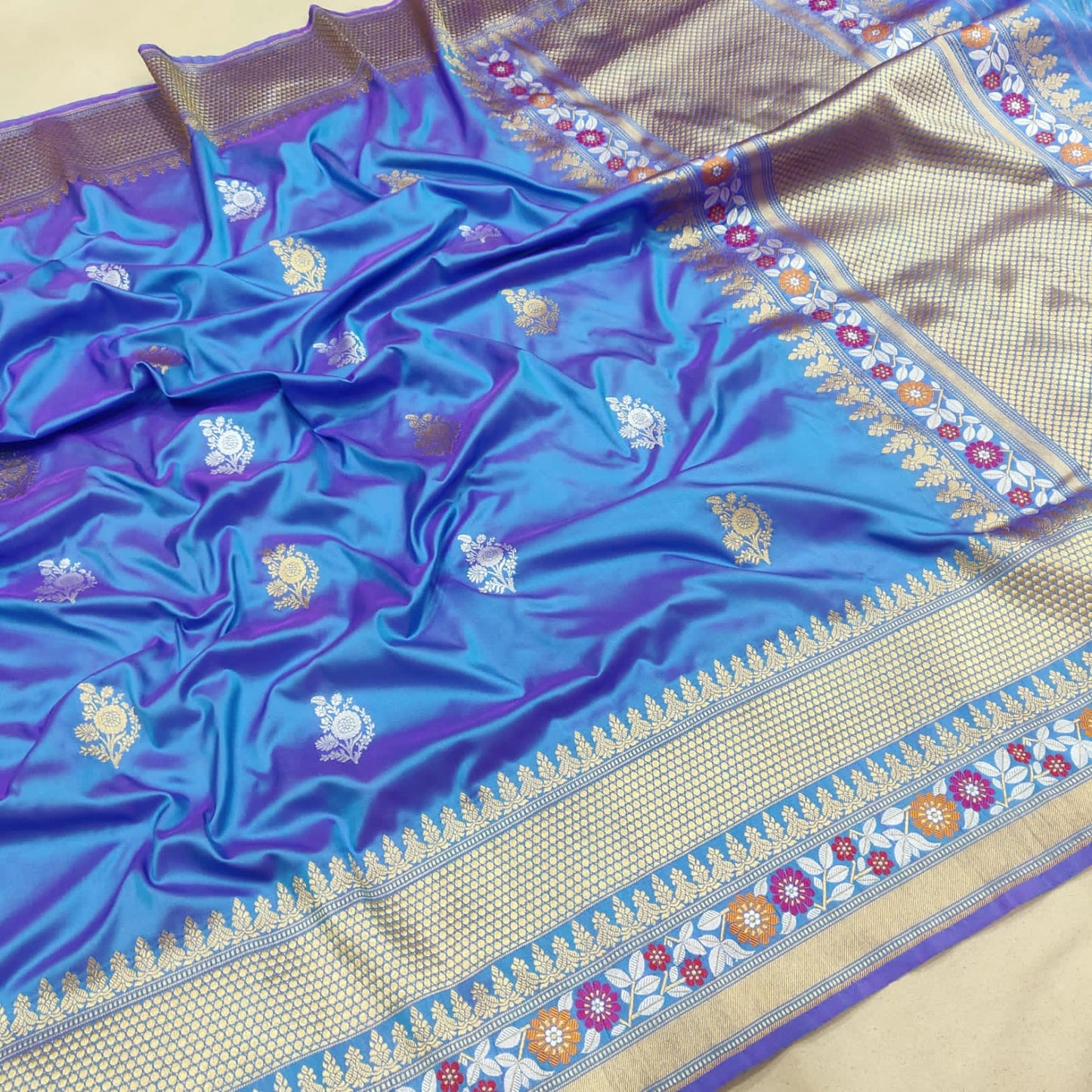 Firoza katan silk handwoven silk sarees Indian sari - Saffronfashionindia