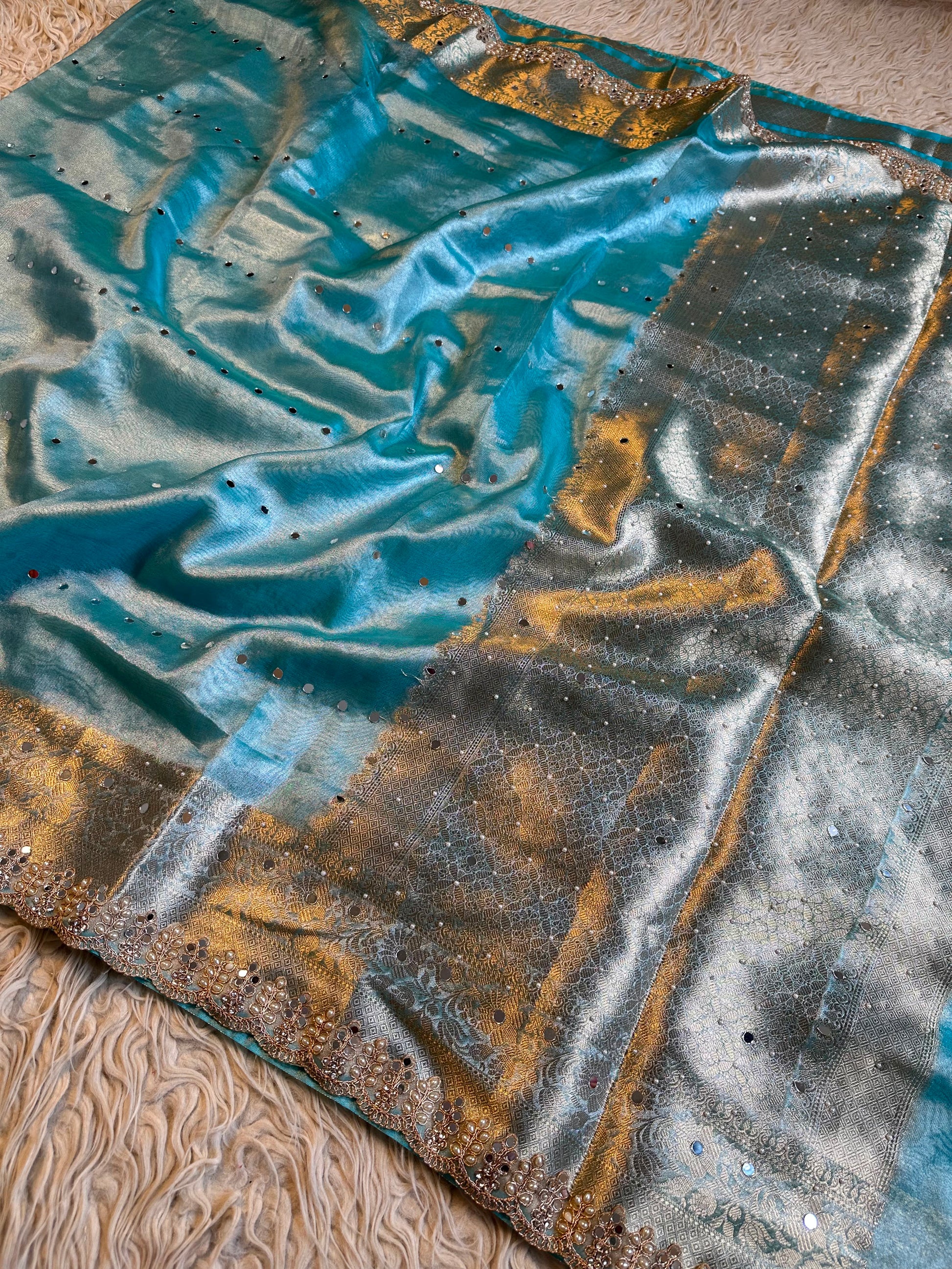 Firoza blue saree Banarsi tissue sarees Indian sari blouse SaffronFashion