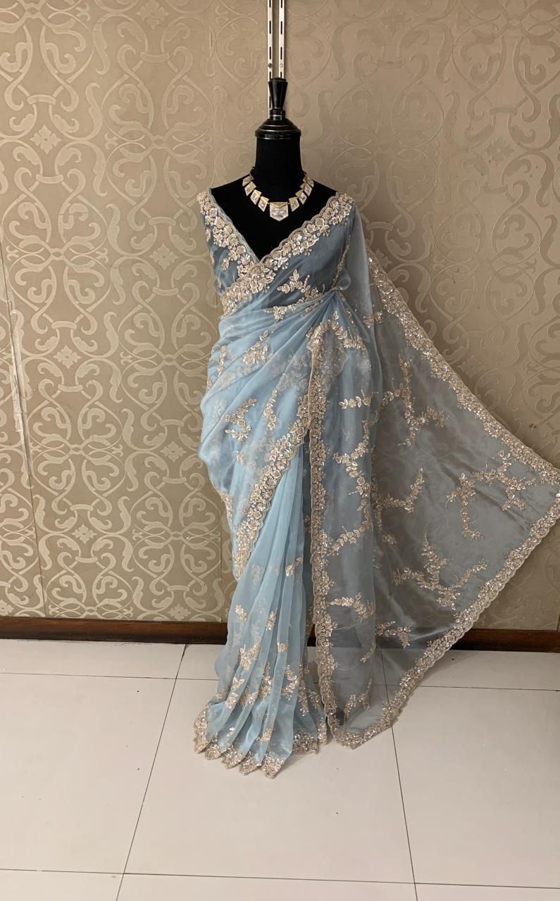Oliva organza saree handwork saree reception saree blouse - Saffronfashionindia
