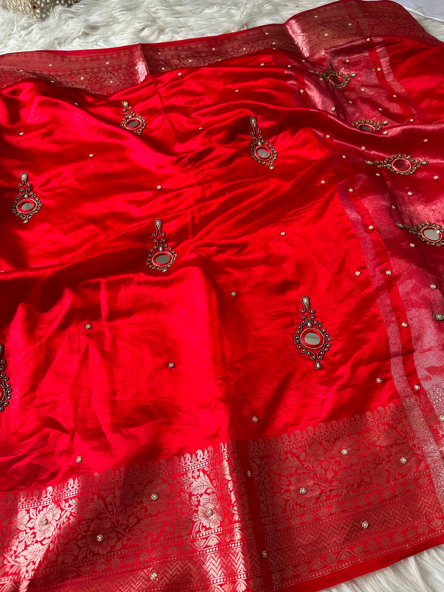 Red Banarsi saree mirror sari blouse women beautiful sarees SaffronFashion