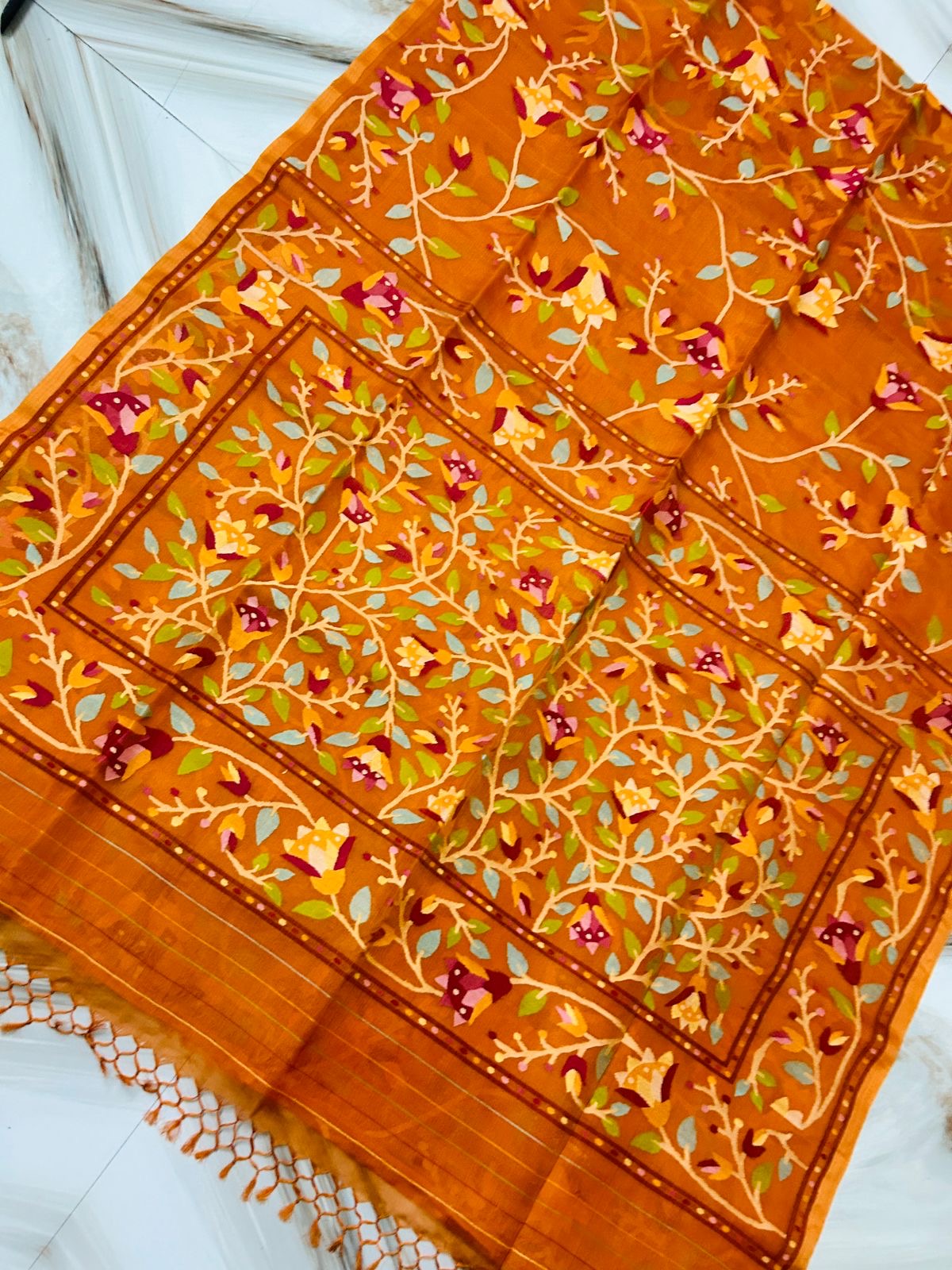 Orange Tantuj Jamdani saree handwoven saree beautiful saree blouse - Saffronfashionindia