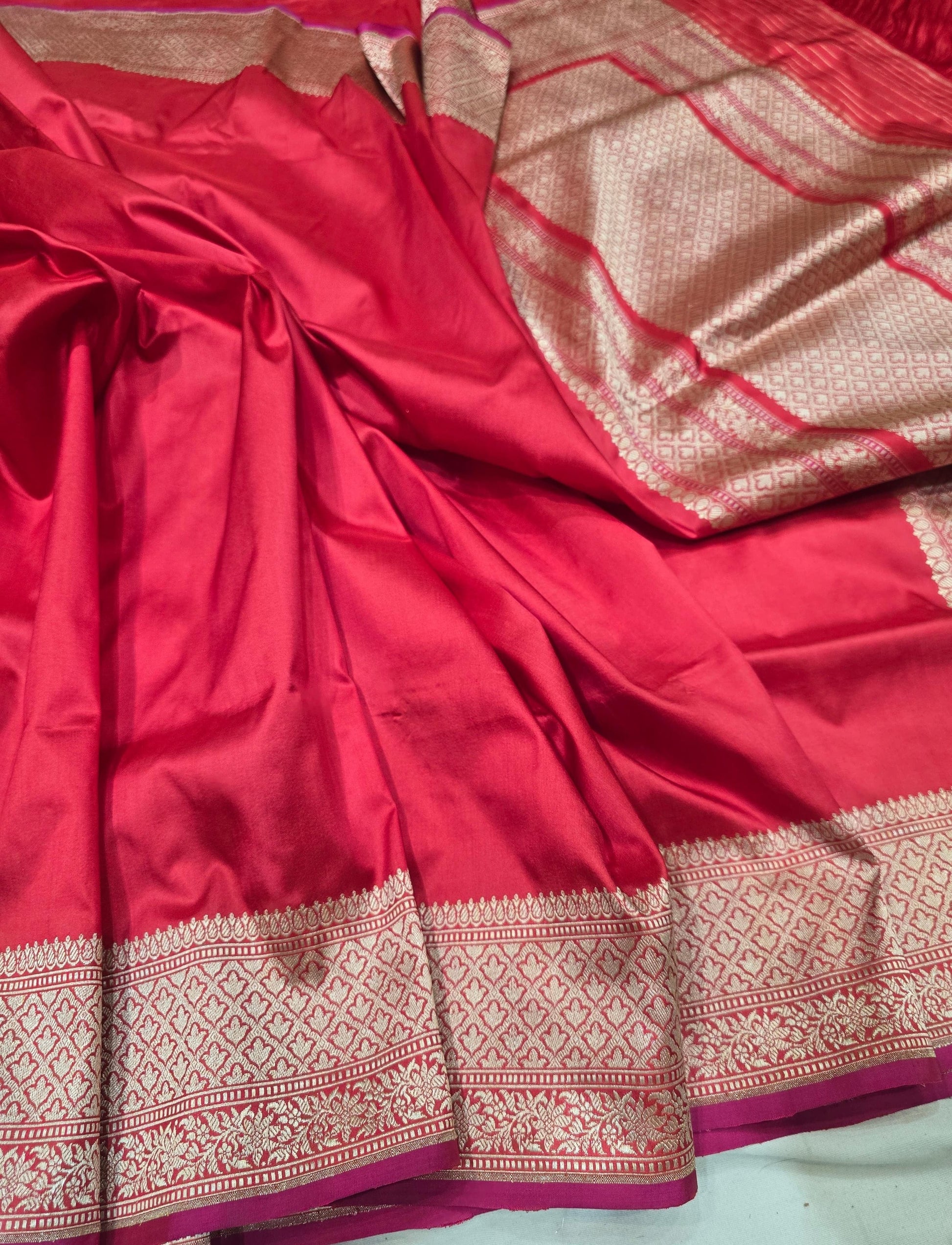 Red Banarsi katan silk saree Indian saree beautiful sari blouse SaffronFashion