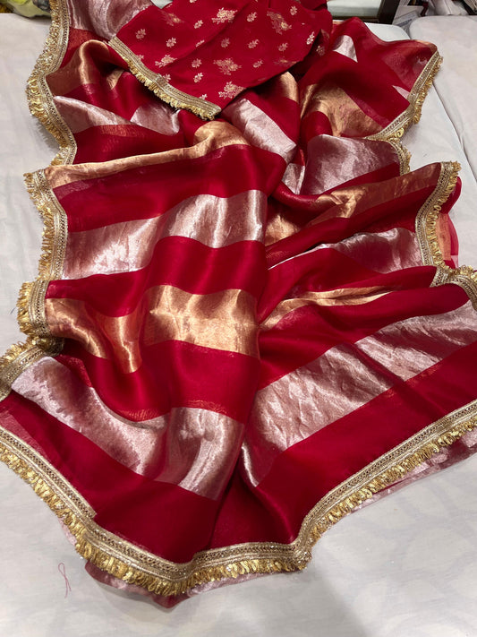 Striped Tissue Organza Saree Partywear Sari - Saffronfashionindia