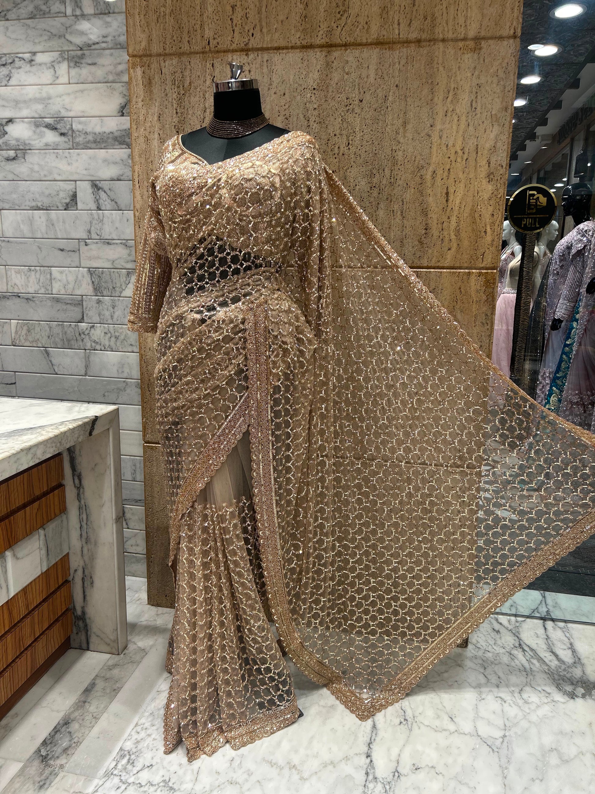 Champagne Gold Sequin Saree | Indian Party Wear Saree | Shimmer Embellished Saree | Wedding Reception Saree | Glamorous Designer Saree for Women Saffronfashionindia
