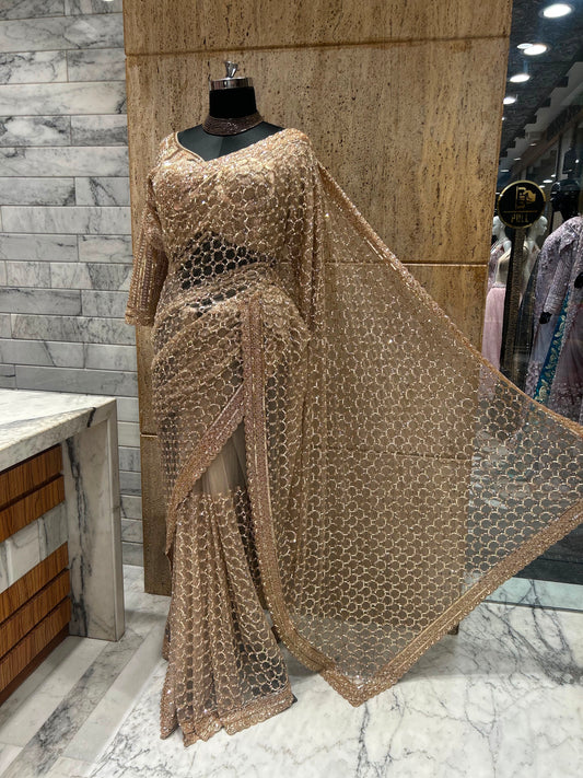 Champagne Gold Sequin Saree | Indian Party Wear Saree | Shimmer Embellished Saree | Wedding Reception Saree | Glamorous Designer Saree for Women Saffronfashionindia