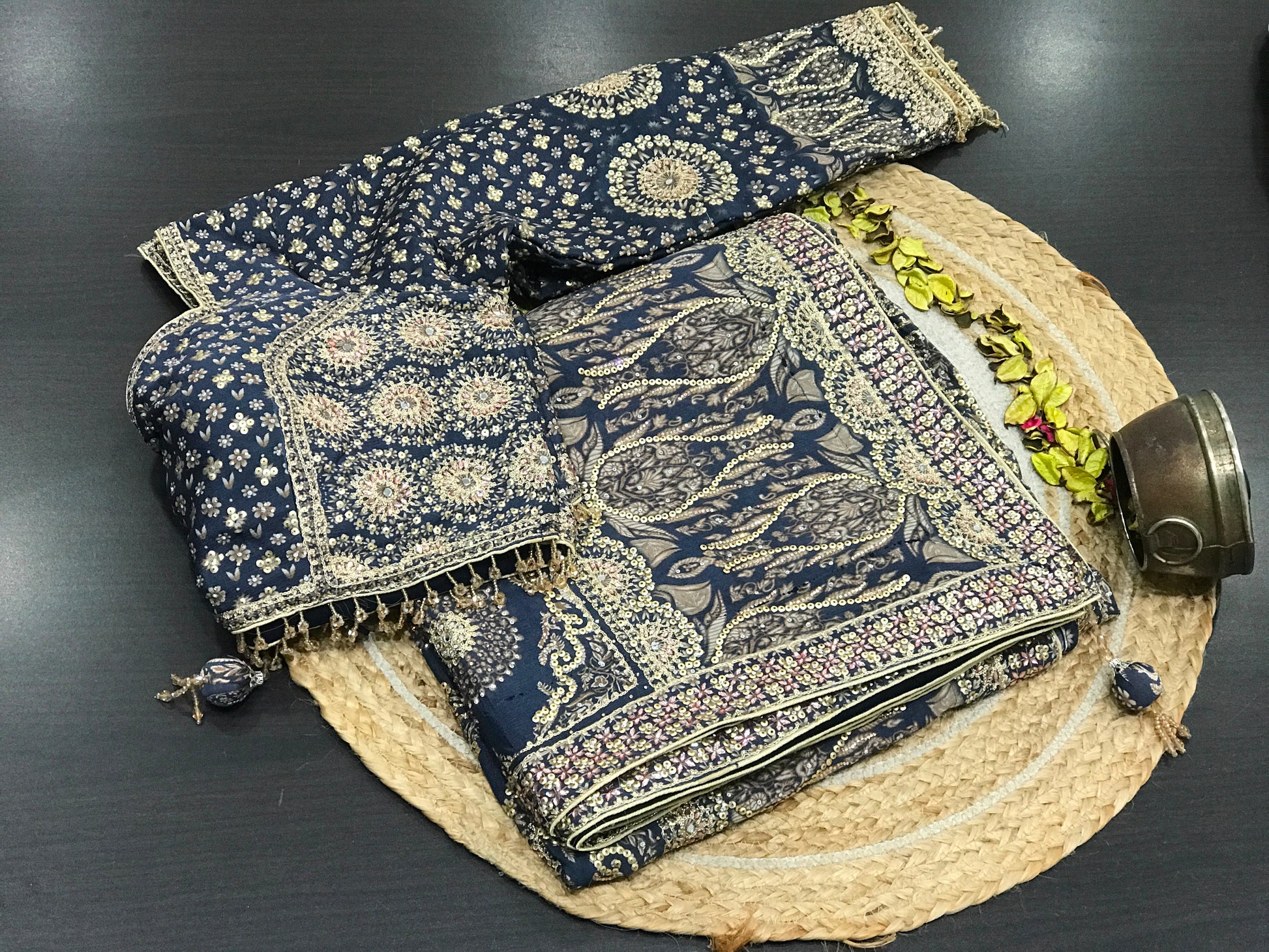 Navy blue saree designer sarees Chinon silk sari blouse women sarees Saffronfashionindia