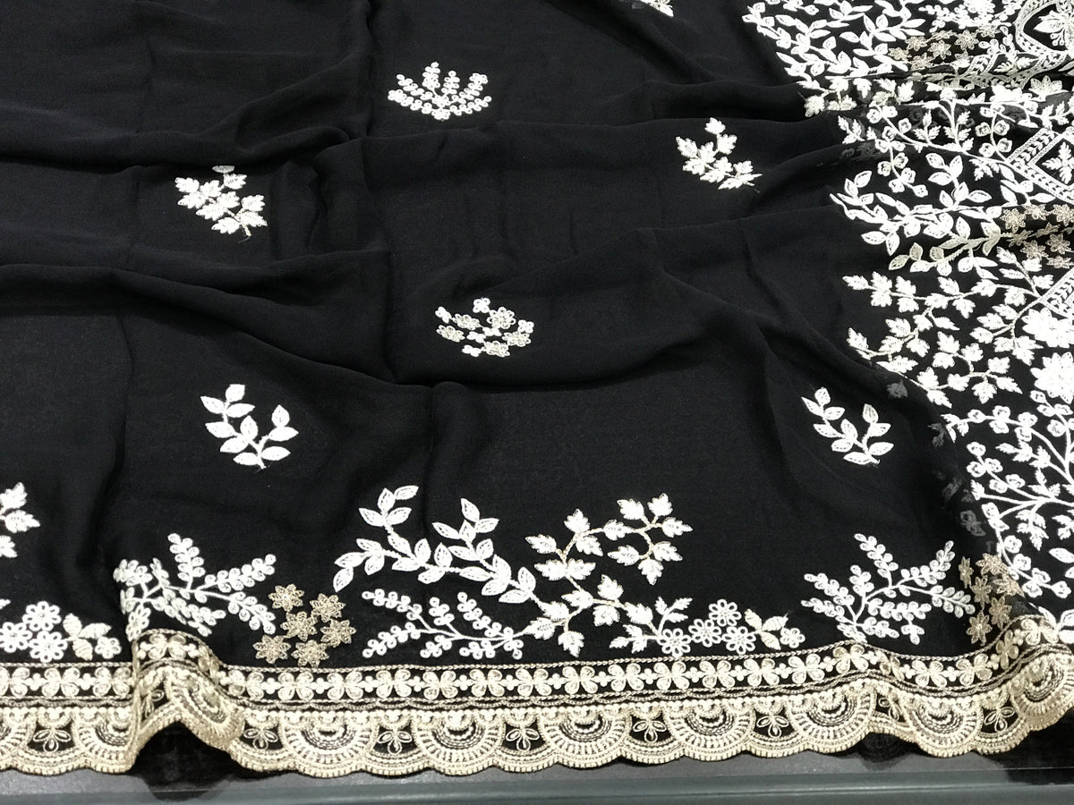 Black designer gorgette saree Lucknowi Parsi saree partywear sari blouse Saffronfashionindia