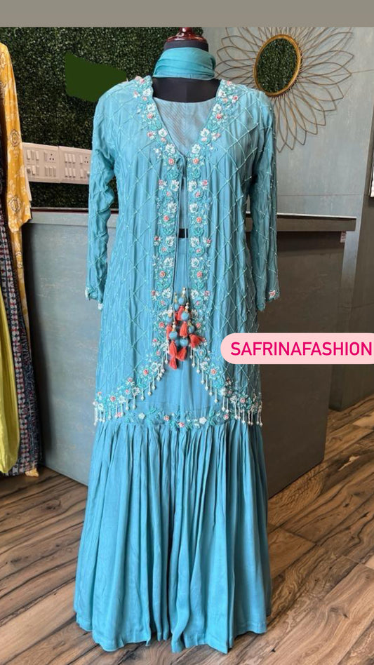 Firoza blue indowestern dress lovely dress - Saffronfashionindia