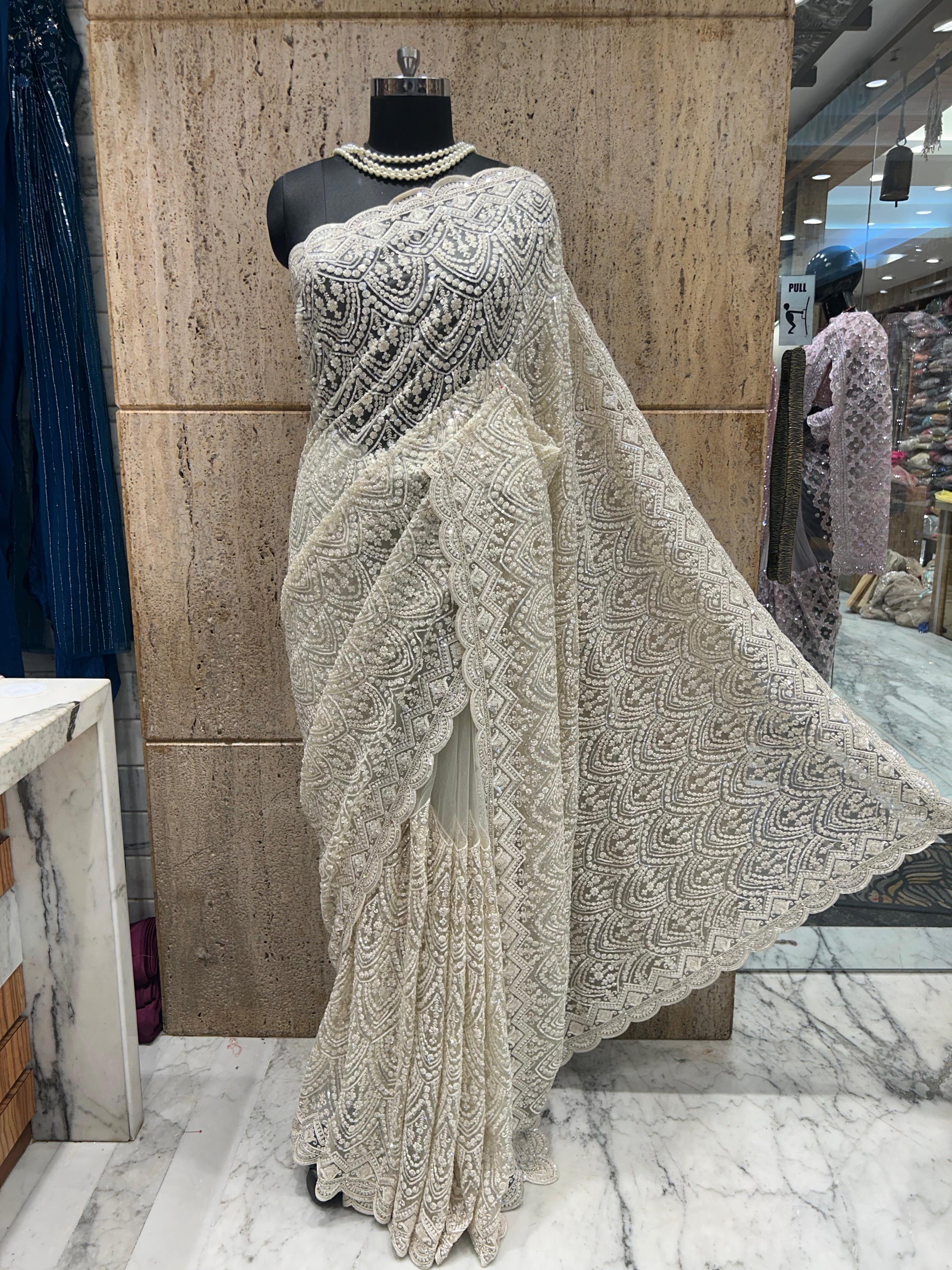 Royal white saree designer saree Indian wedding sarees blouse SaffronFashion